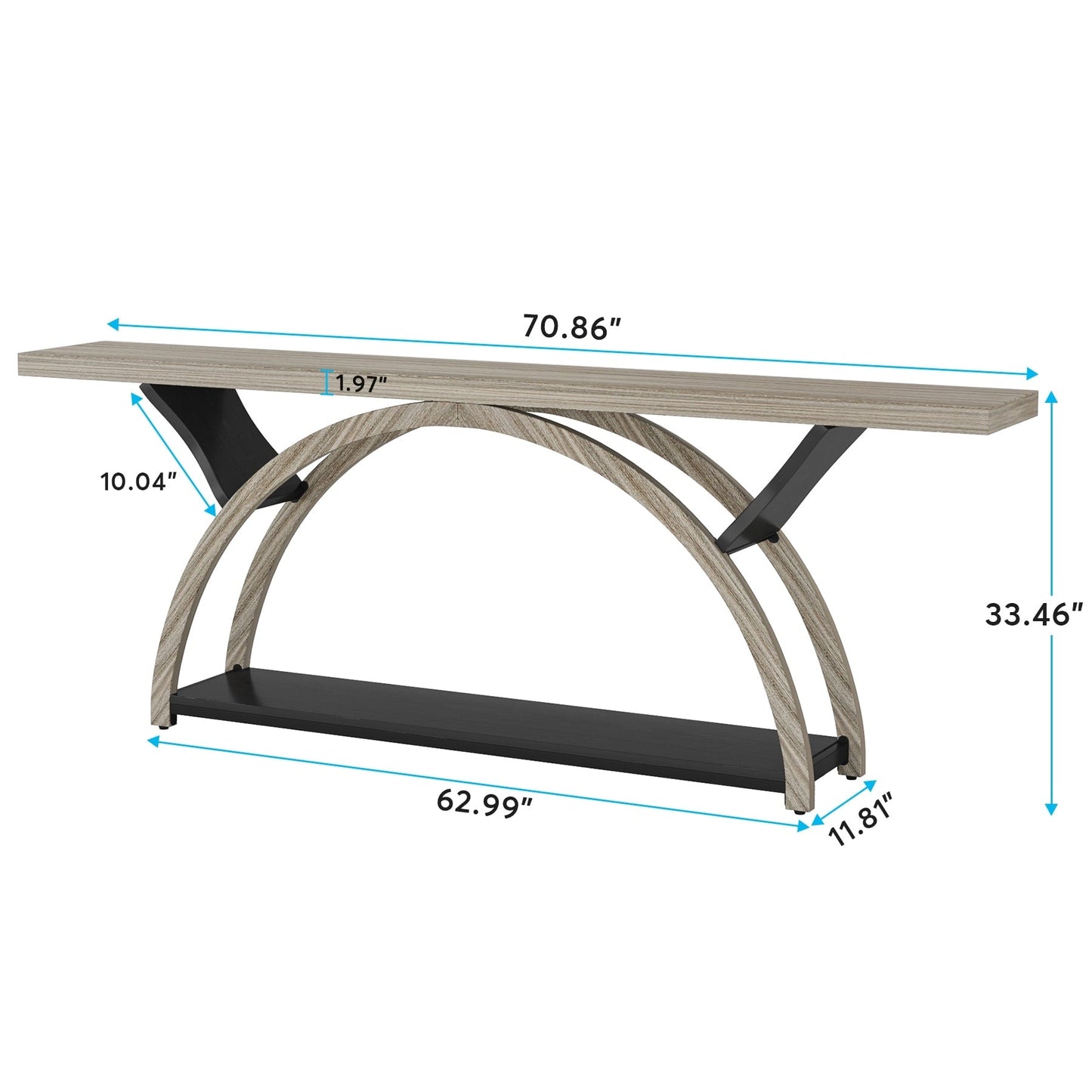 Table console de canapé étroite et longue à 2 niveaux avec cadre semi-circulaire pour entrée, tables d'appoint de couloir grises
