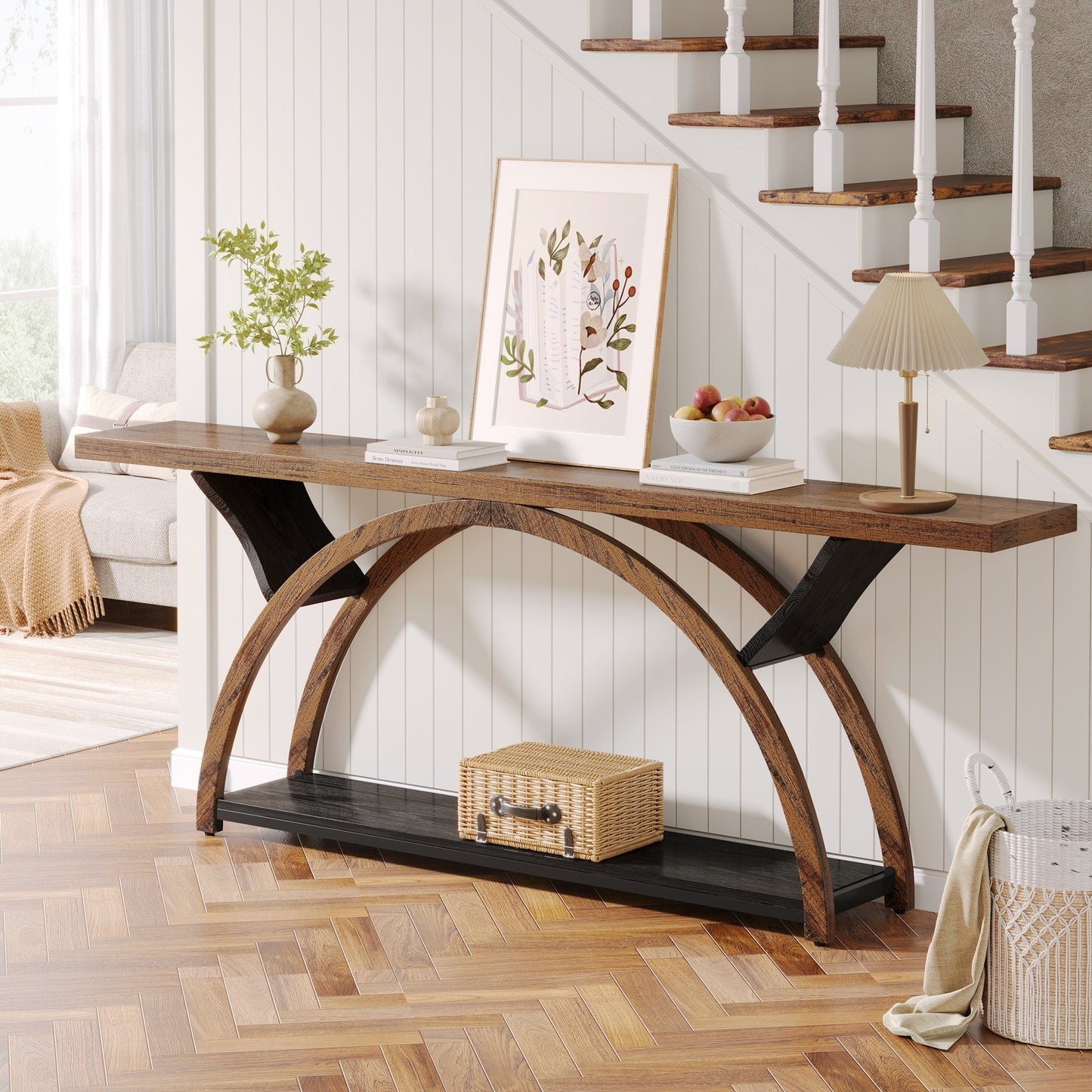 Table console de canapé étroite et longue à 2 niveaux avec cadre semi-circulaire pour entrée, tables d'appoint de couloir grises