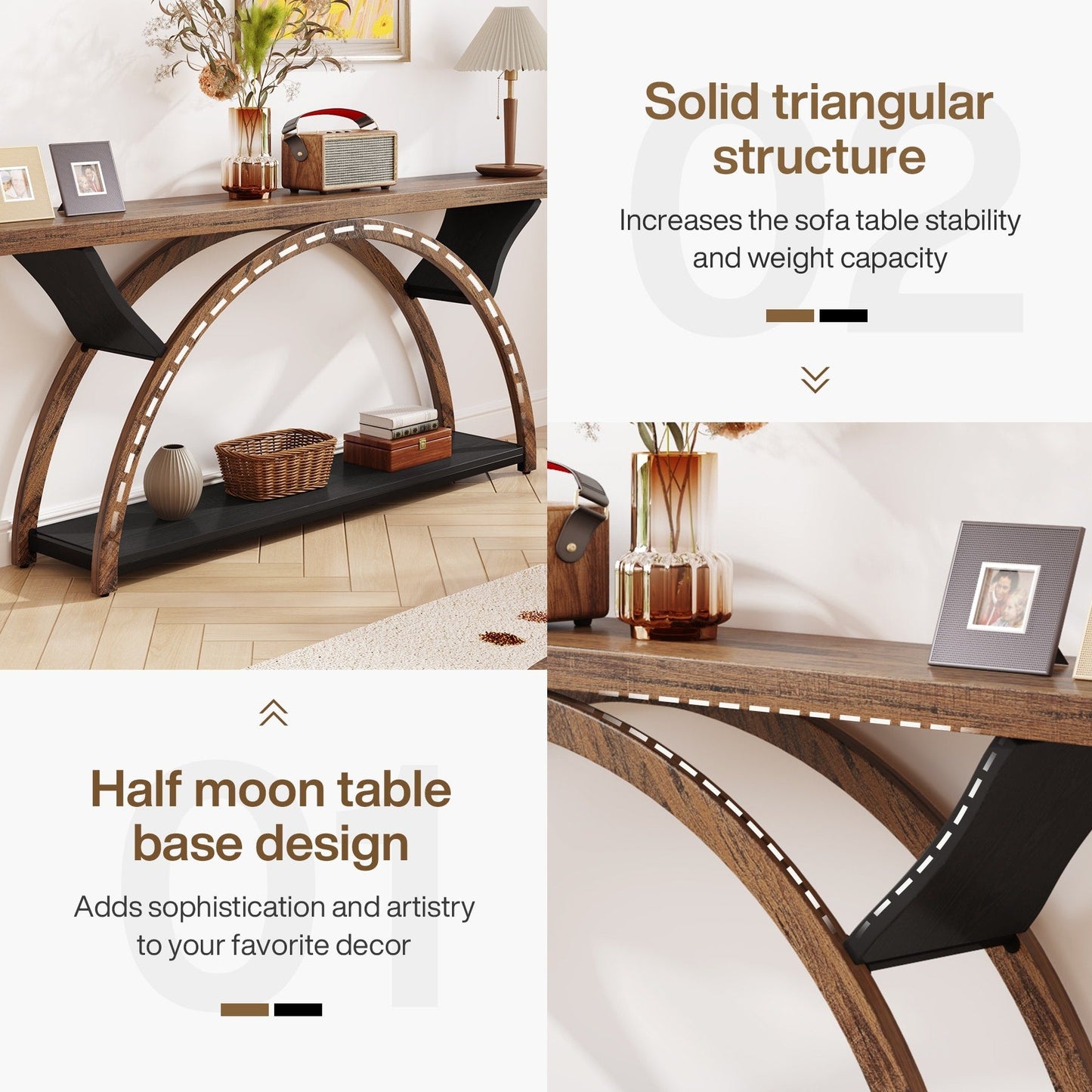 Table console de canapé étroite et longue à 2 niveaux avec cadre semi-circulaire pour entrée, tables d'appoint de couloir grises