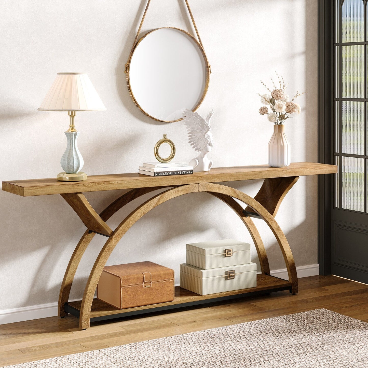 Table console de canapé étroite et longue à 2 niveaux avec cadre semi-circulaire pour entrée, tables d'appoint de couloir grises