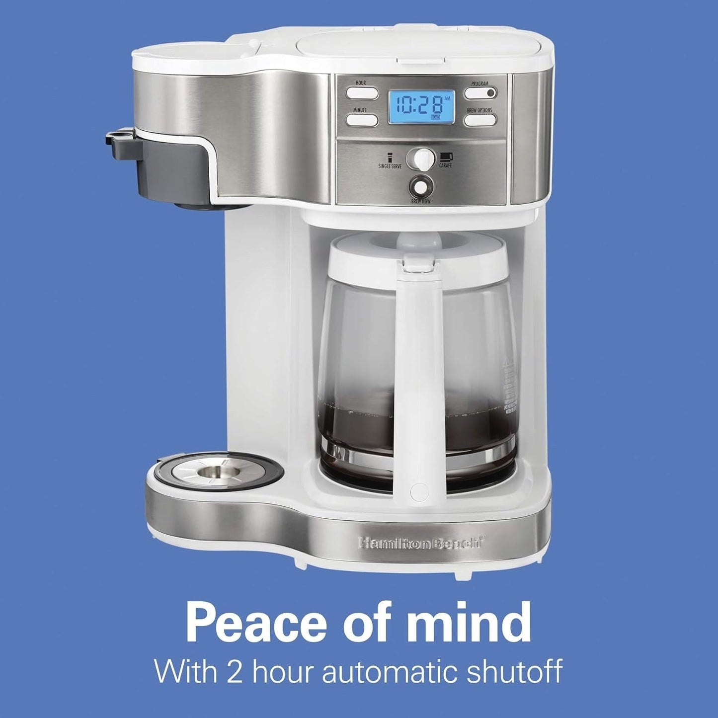Machine à café 2 en 1, 12 tasses ou portion individuelle, carafe en verre, pause et service automatiques, blanc