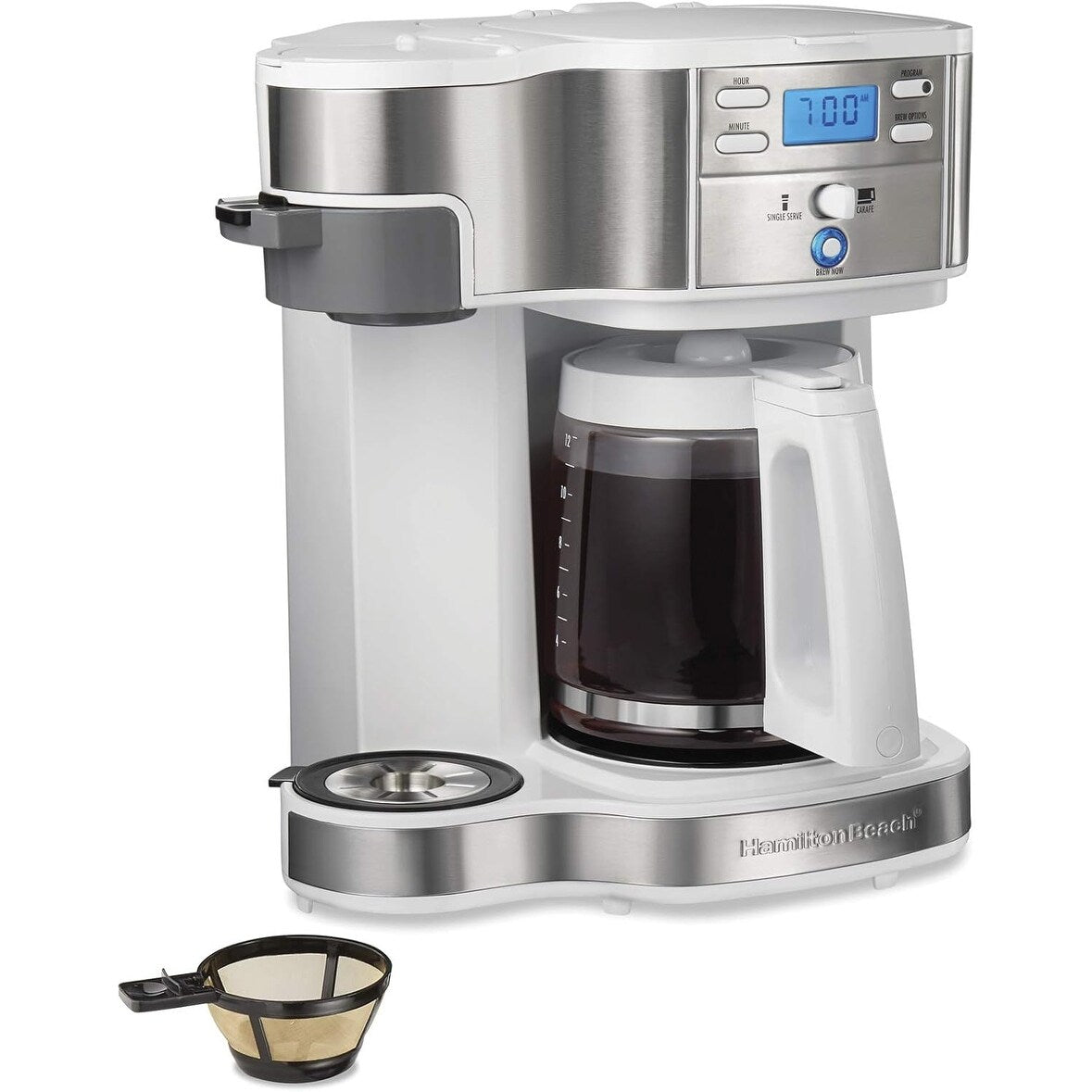 Machine à café 2 en 1, 12 tasses ou portion individuelle, carafe en verre, pause et service automatiques, blanc