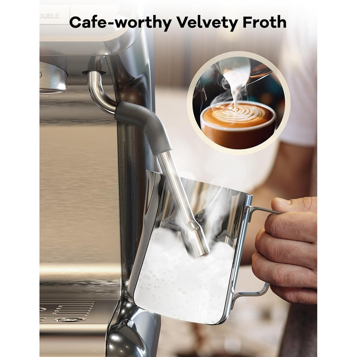 Machine à expresso semi-automatique 20 bars avec broyeur et mousseur de lait intégré.