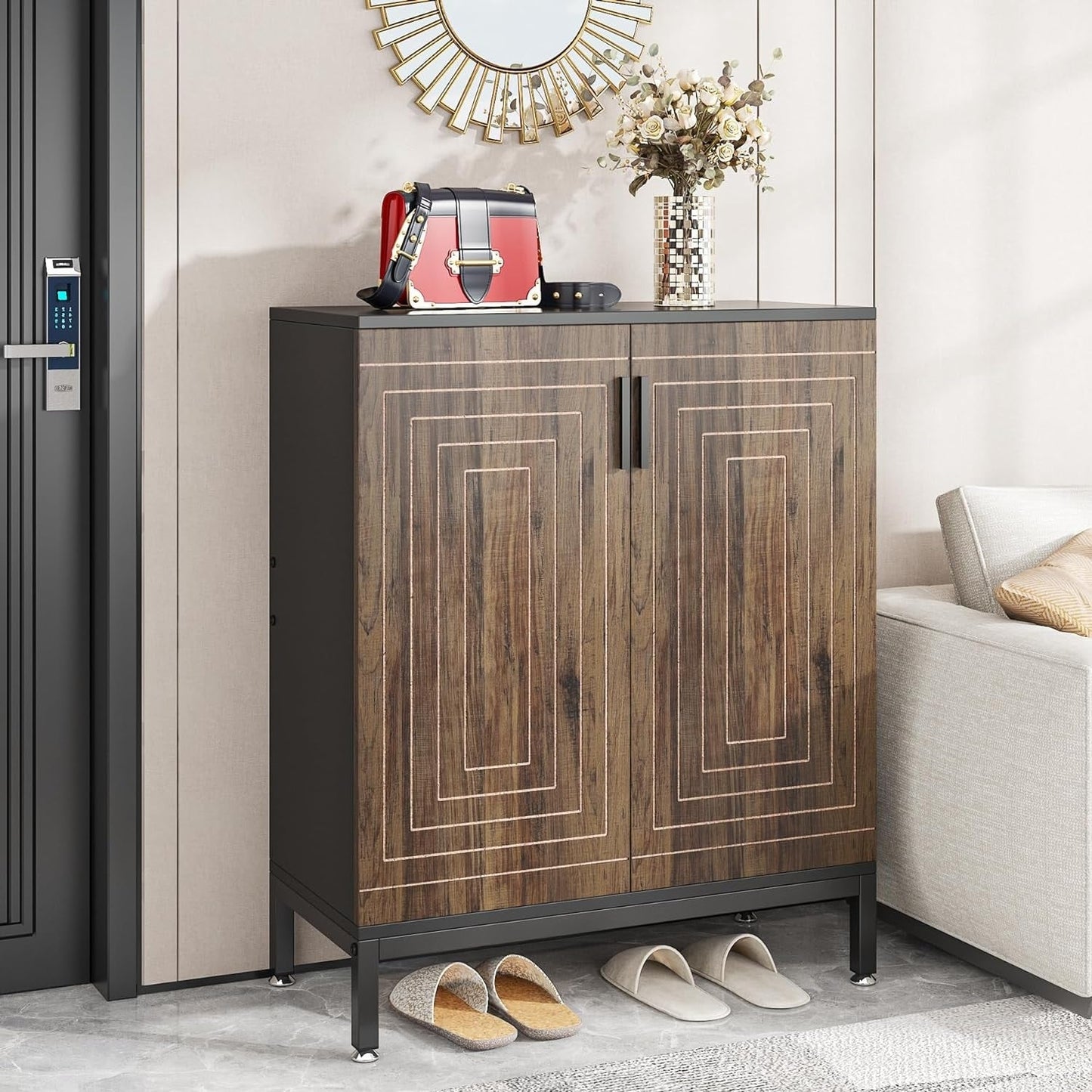 Meuble à chaussures pour 20 paires, meuble de rangement moderne de 95 cm avec portes, blanc et or.