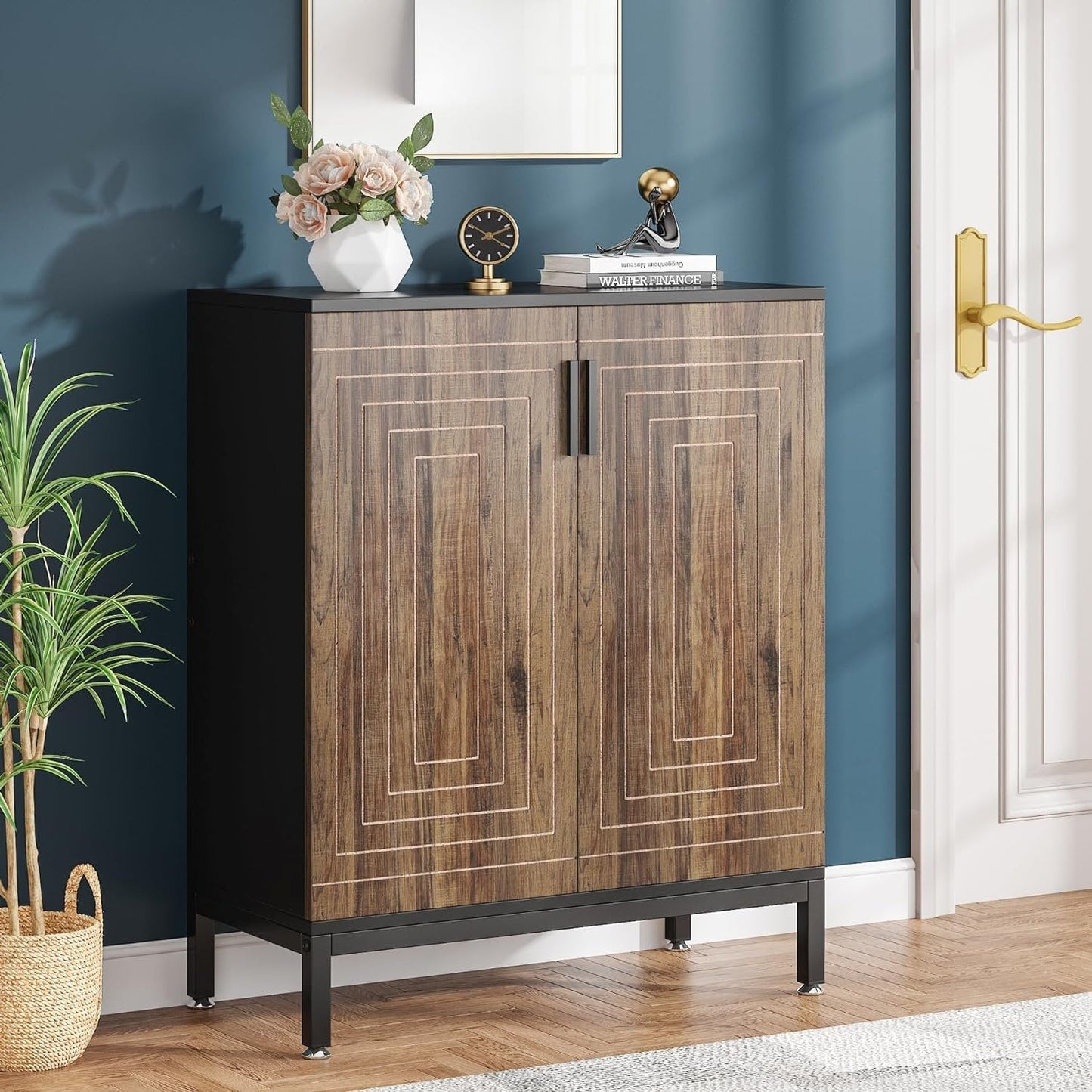 Meuble à chaussures pour 20 paires, meuble de rangement moderne de 95 cm avec portes, blanc et or.