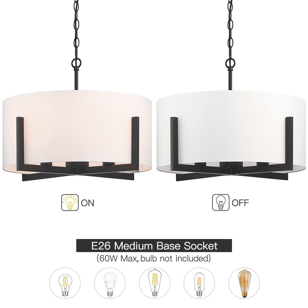 Suspension lumineuse à 4 lumières, 56 cm (22 po), noir mat, avec abat-jour blanc en forme de tambour - 22 W