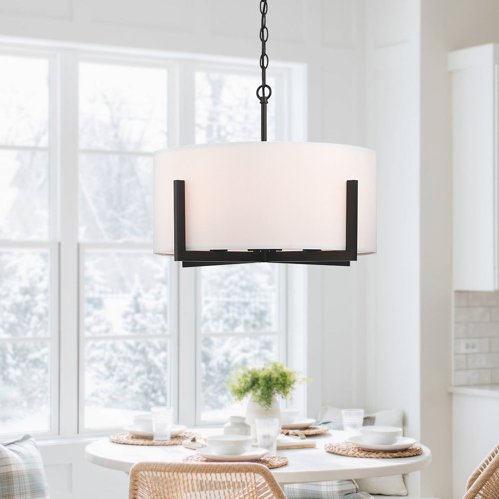 Suspension lumineuse à 4 lumières, 56 cm (22 po), noir mat, avec abat-jour blanc en forme de tambour - 22 W