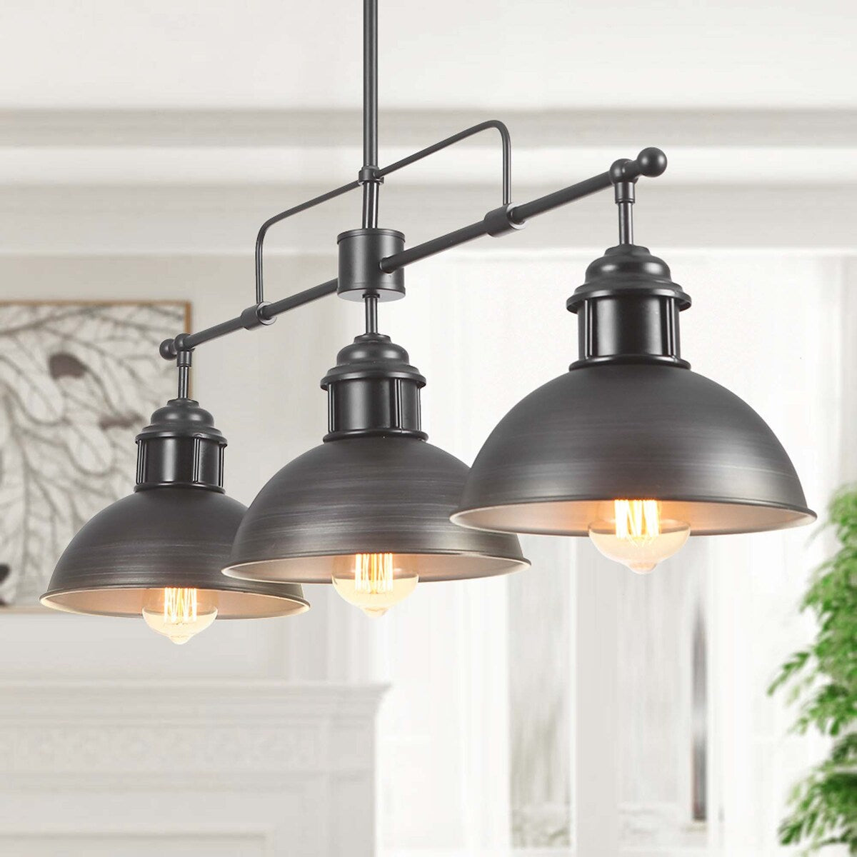 Suspension à 3 lumières style industriel et champêtre, forme de dôme, en métal, pour îlot de cuisine, finition bronze huilé.