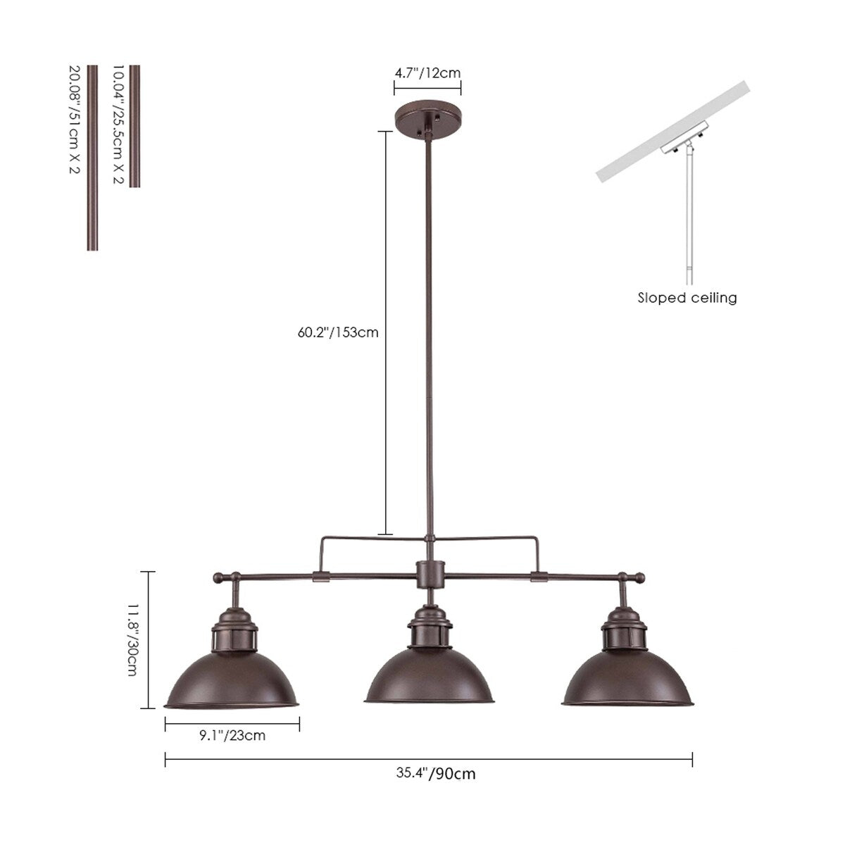Suspension à 3 lumières style industriel et champêtre, forme de dôme, en métal, pour îlot de cuisine, finition bronze huilé.