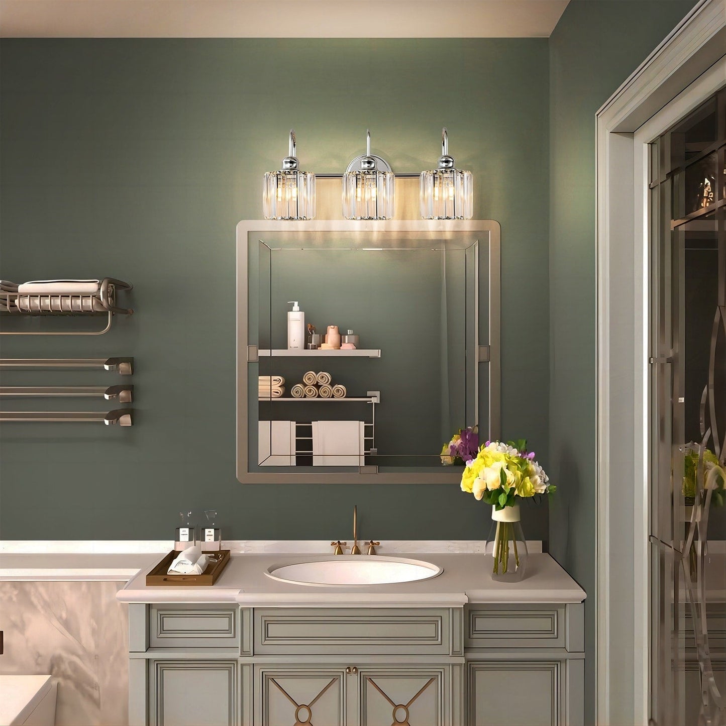Éclairage de salle de bain moderne et élégant à 3/4 lumières, à intensité variable, avec cristaux, pour miroir.