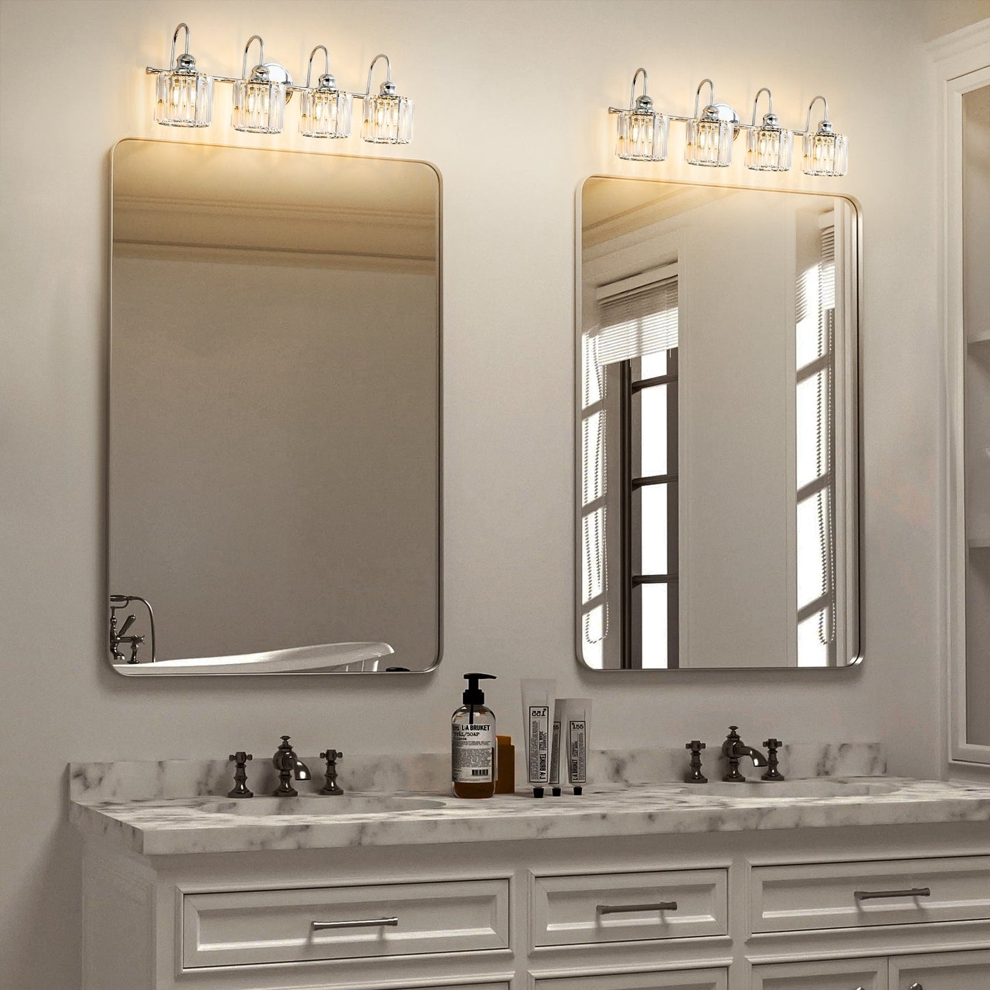Éclairage de salle de bain moderne et élégant à 3/4 lumières, à intensité variable, avec cristaux, pour miroir.