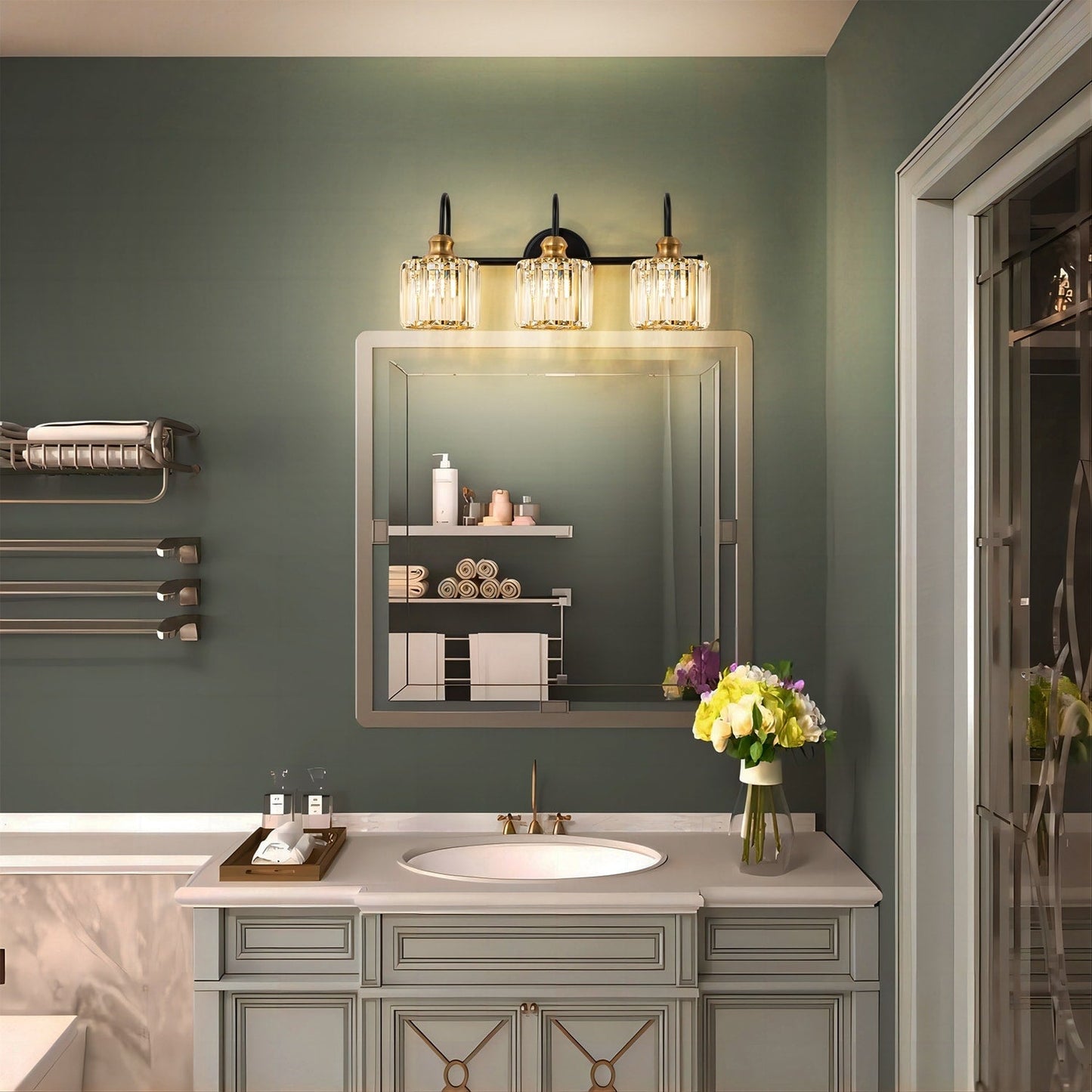 Éclairage de salle de bain moderne et élégant à 3/4 lumières, à intensité variable, avec cristaux, pour miroir.