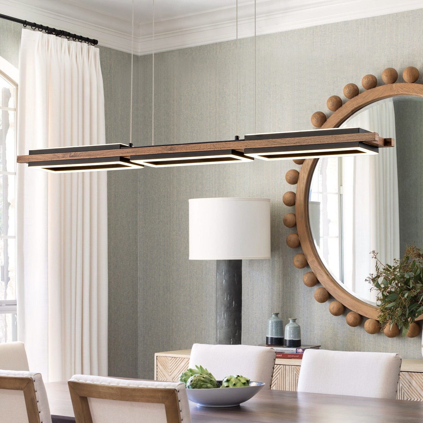 Suspension à LED intégrée en bois, linéaire, à 3 ou 5 lumières, pour îlot de cuisine.