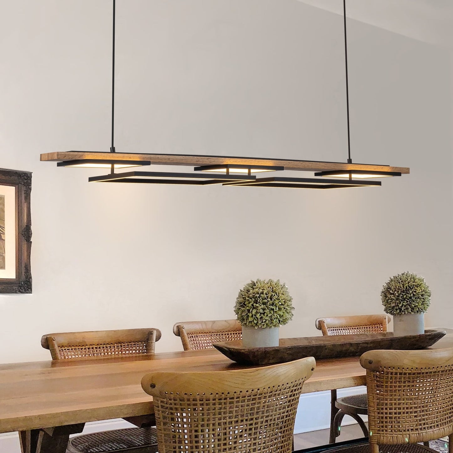 Suspension à LED intégrée en bois, linéaire, à 3 ou 5 lumières, pour îlot de cuisine.