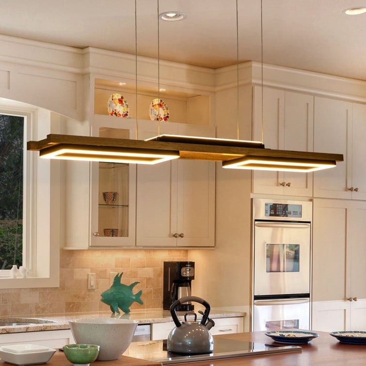 Suspension à LED intégrée en bois, linéaire, à 3 ou 5 lumières, pour îlot de cuisine.