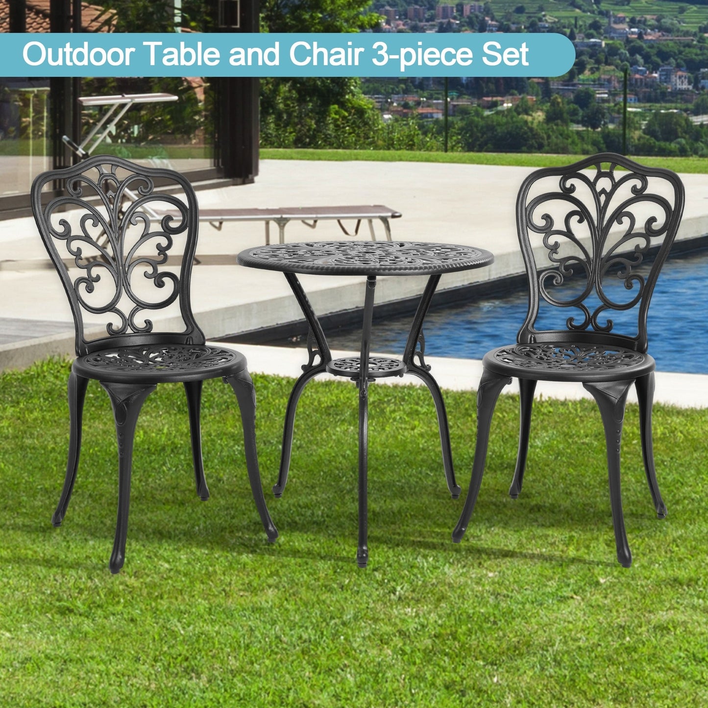 Table et chaises de jardin pliantes en aluminium, 3 pièces, avec trou pour parasol.