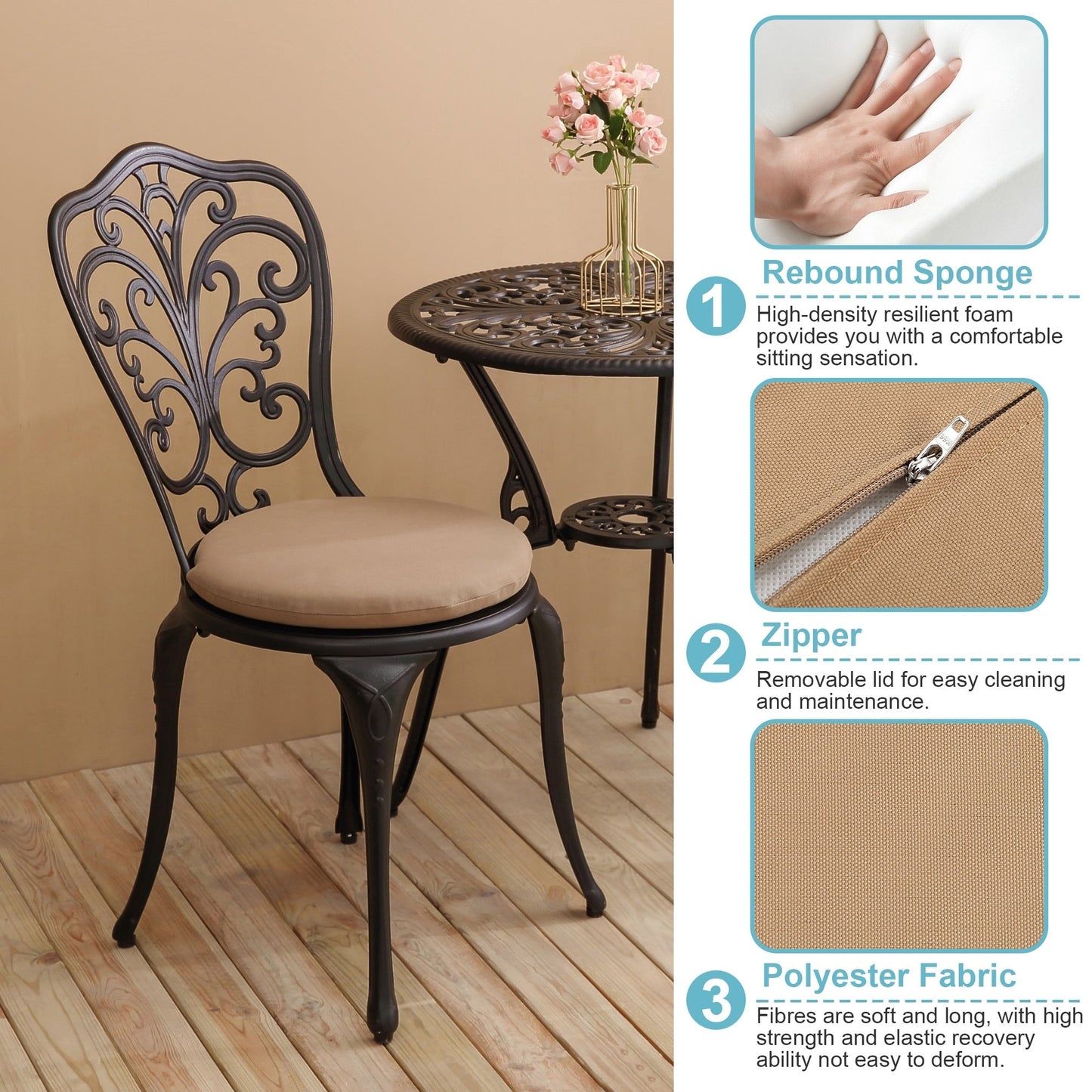 Table et chaises de jardin pliantes en aluminium, 3 pièces, avec trou pour parasol.