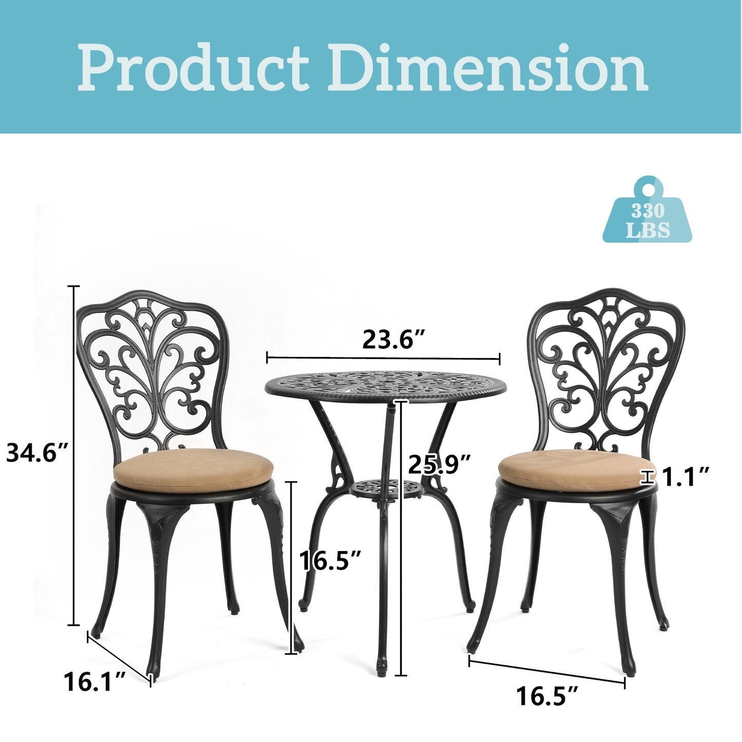 Table et chaises de jardin pliantes en aluminium, 3 pièces, avec trou pour parasol.