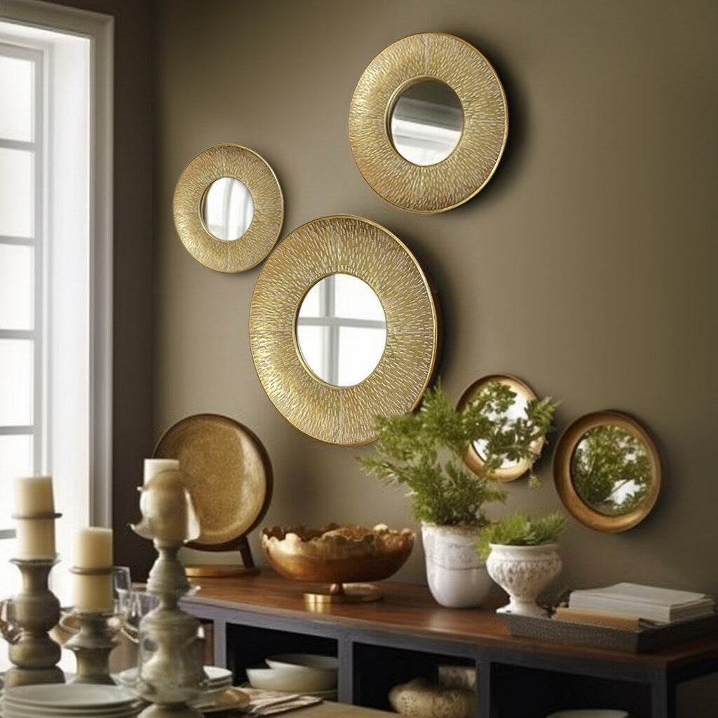 Ensemble de 3 miroirs muraux ronds en métal doré - 56,5 cm de diamètre x 6 cm de profondeur