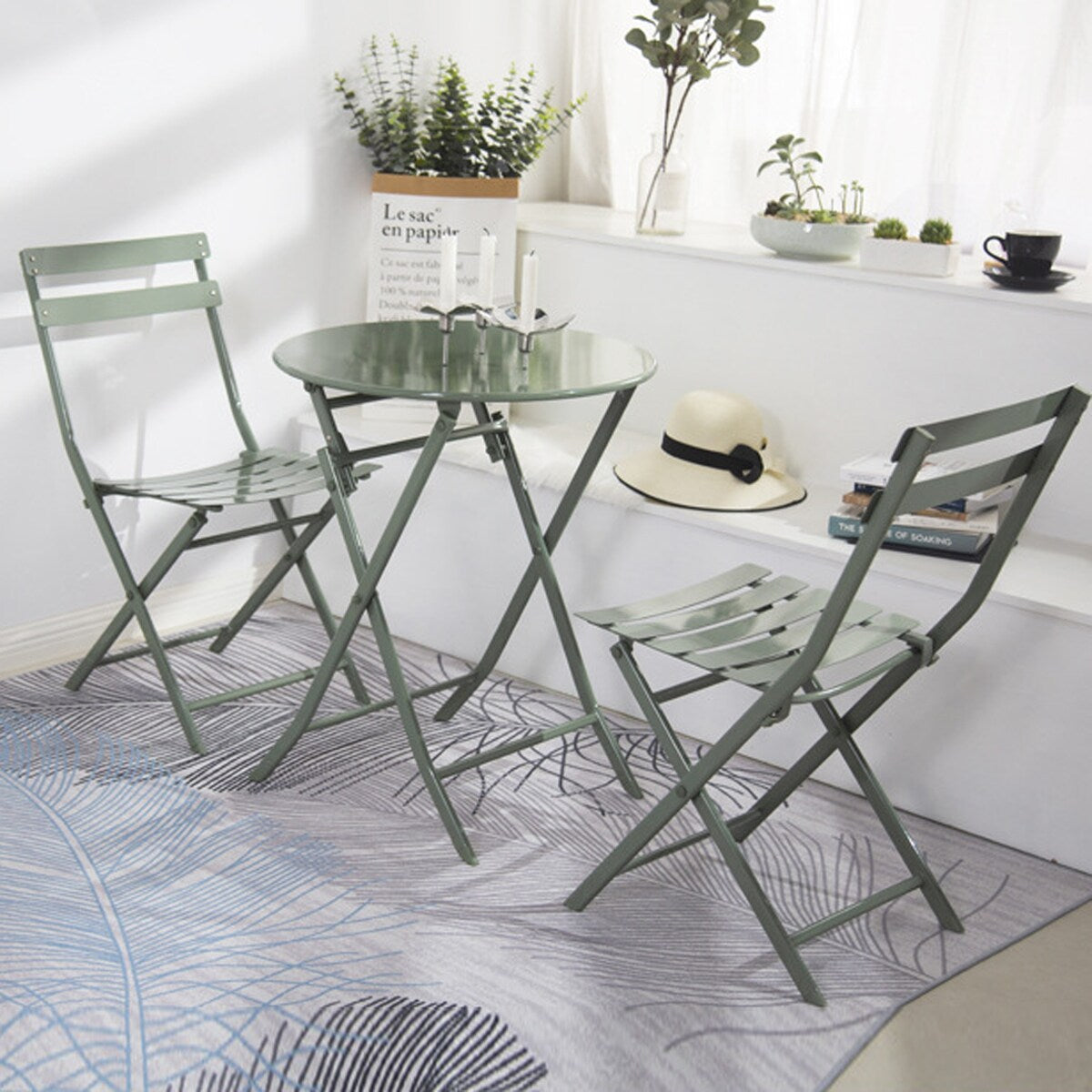 Ensemble de bistro minimaliste pour terrasse, 3 pièces, comprenant une table ronde et des chaises pliantes - Ensemble-de-bistro-pour-terrasse-3-pieces