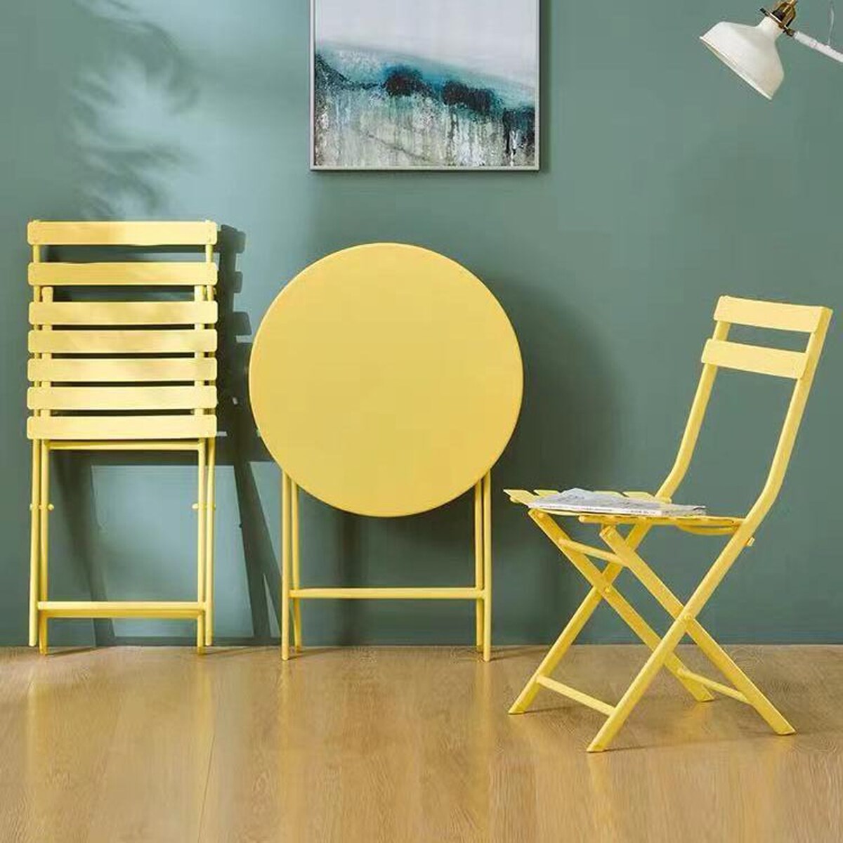 Ensemble de bistro minimaliste pour terrasse, 3 pièces, comprenant une table ronde et des chaises pliantes - Ensemble-de-bistro-pour-terrasse-3-pieces