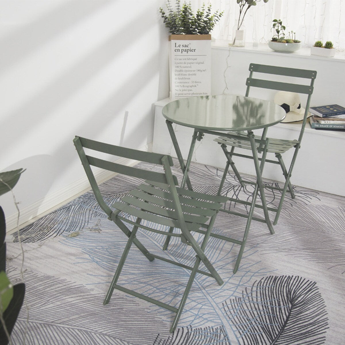 Ensemble de bistro minimaliste pour terrasse, 3 pièces, comprenant une table ronde et des chaises pliantes - Ensemble-de-bistro-pour-terrasse-3-pieces