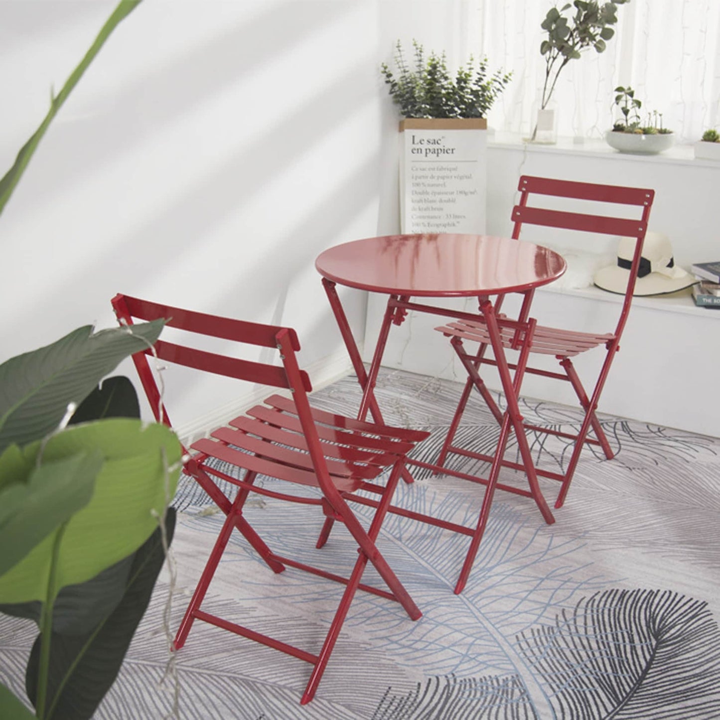 Ensemble de bistro minimaliste pour terrasse, 3 pièces, comprenant une table ronde et des chaises pliantes - Ensemble-de-bistro-pour-terrasse-3-pieces