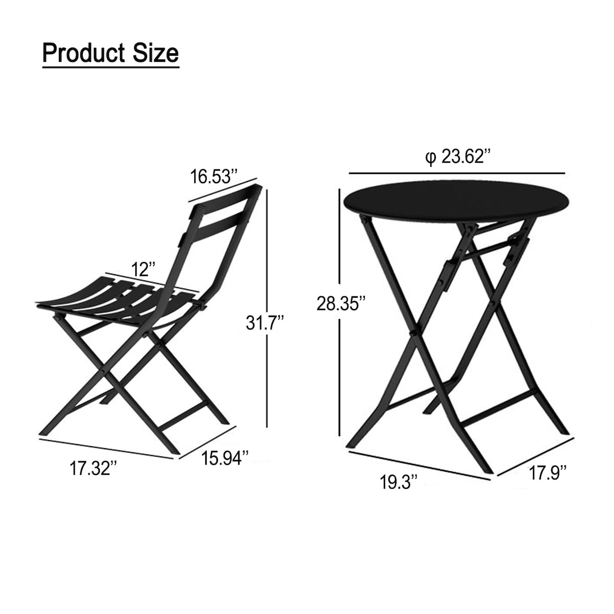 Ensemble de bistro de terrasse 3 pièces comprenant une table ronde et des chaises pliantes