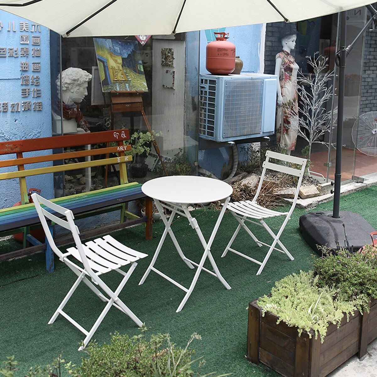 Ensemble de bistro de terrasse 3 pièces comprenant une table ronde et des chaises pliantes