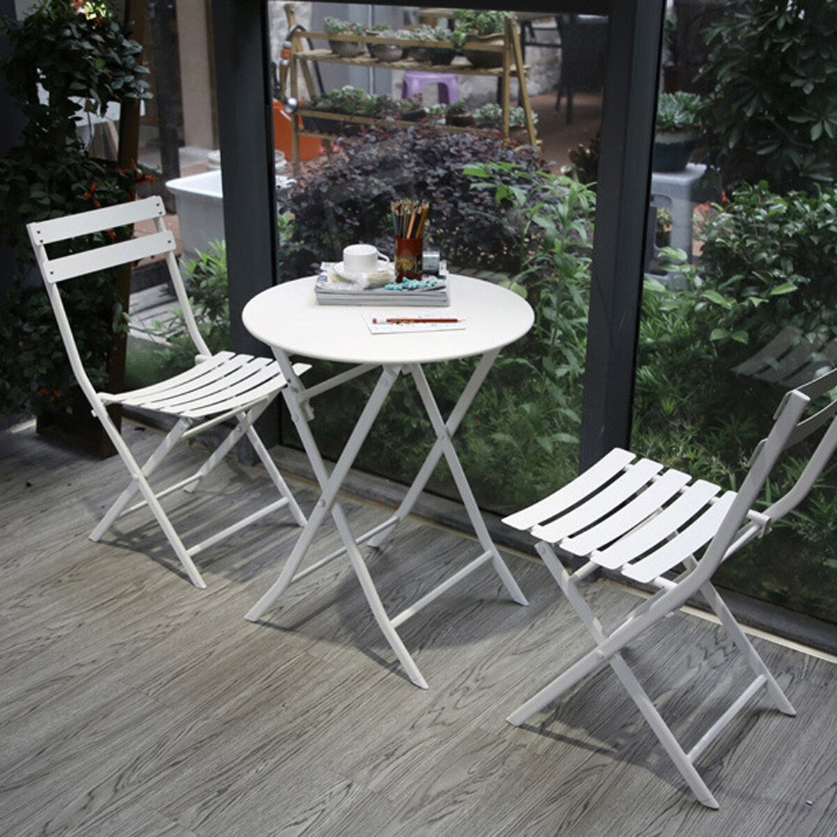Ensemble de bistro de terrasse 3 pièces comprenant une table ronde et des chaises pliantes