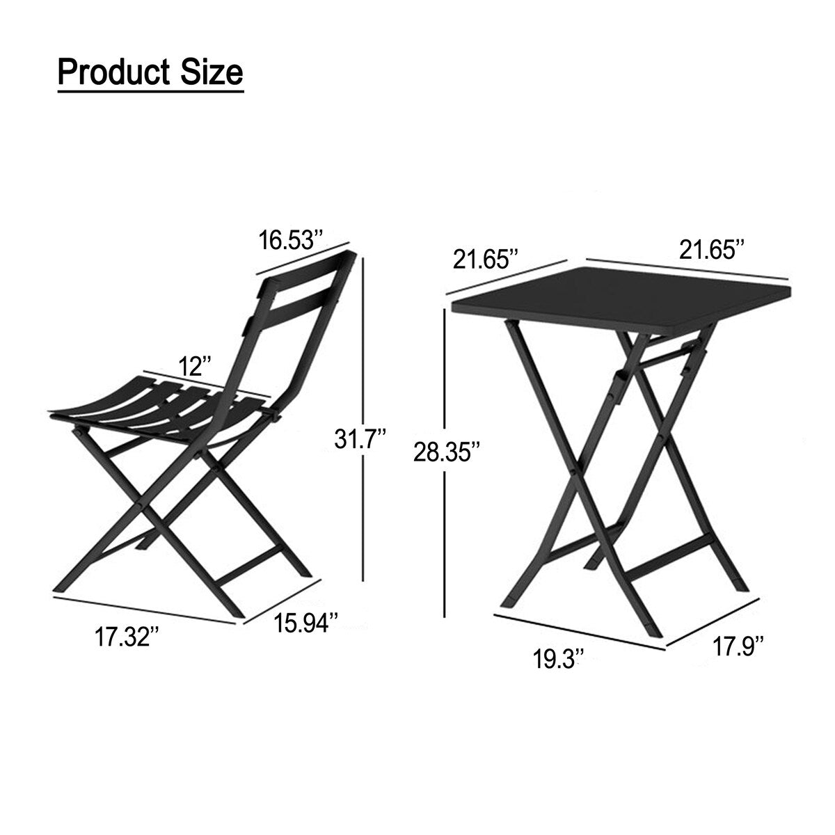 Ensemble de bistro minimaliste pour patio, 3 pièces, table carrée et chaises pliantes - 3 pièces
