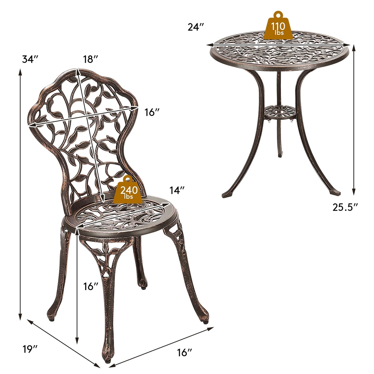 Ensemble de bistro extérieur 3 pièces, ensemble de meubles de patio, ensemble table et chaises