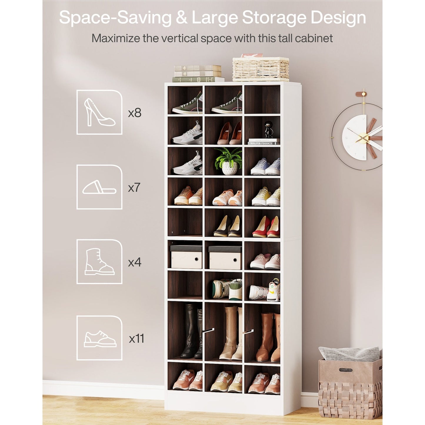 Meuble à chaussures haut pour 30 paires, étagère à chaussures en bois blanc à 10 niveaux pour placard, entrée - 10 niveaux