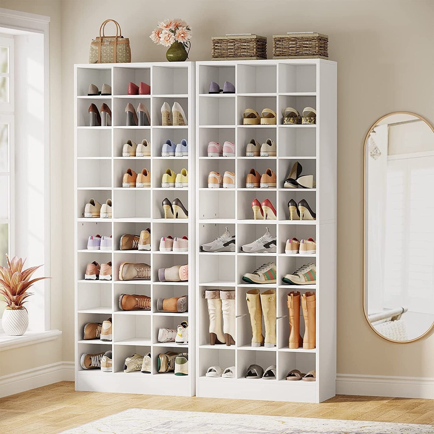 Meuble à chaussures haut pour 30 paires, étagère à chaussures en bois blanc à 10 niveaux pour placard, entrée - 10 niveaux