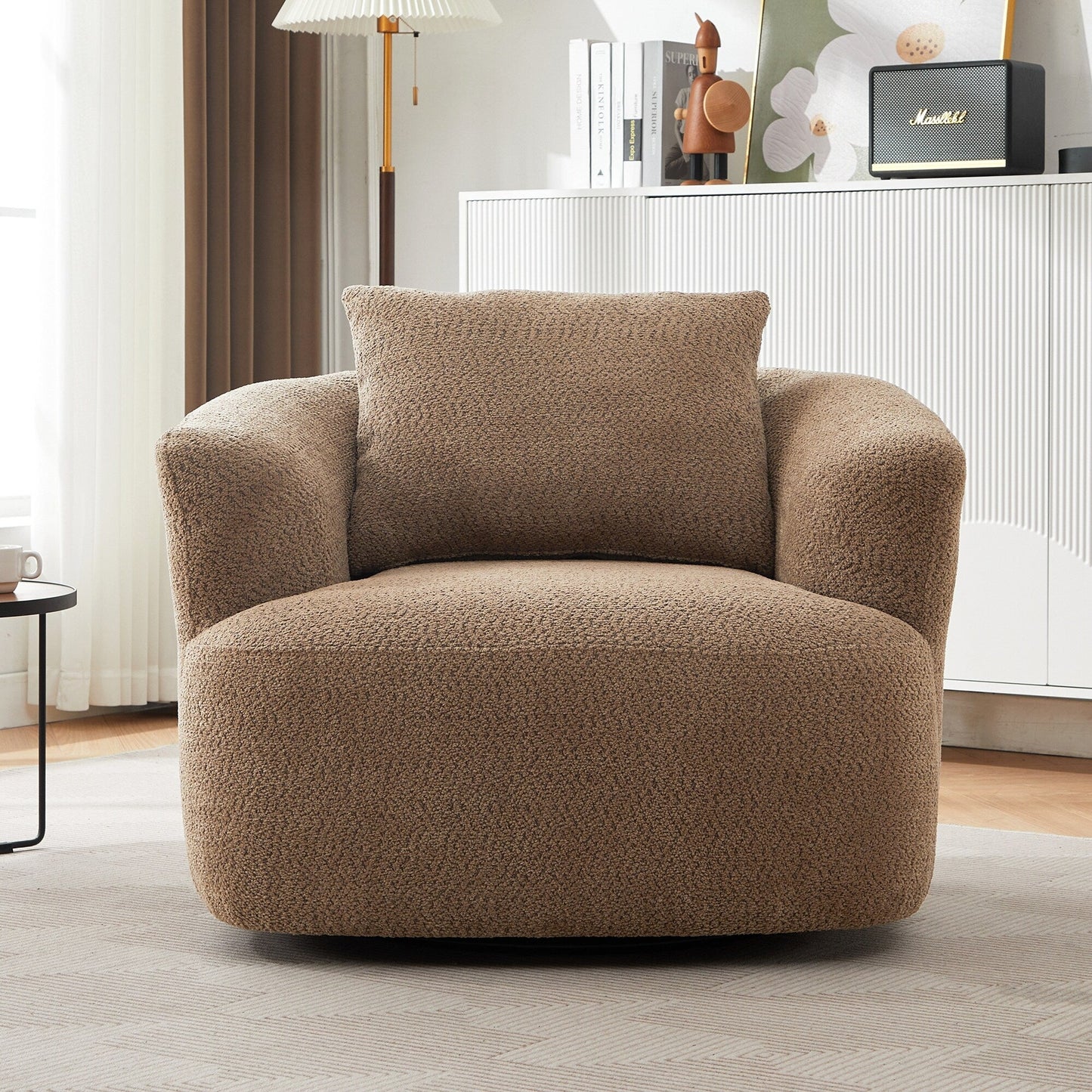 Chaise pivotante à 360°, chaise d'appoint en boucle de 38,2 pouces avec coussin décoratif, fauteuil canapé en forme de baril avec accoudoirs incurvés.