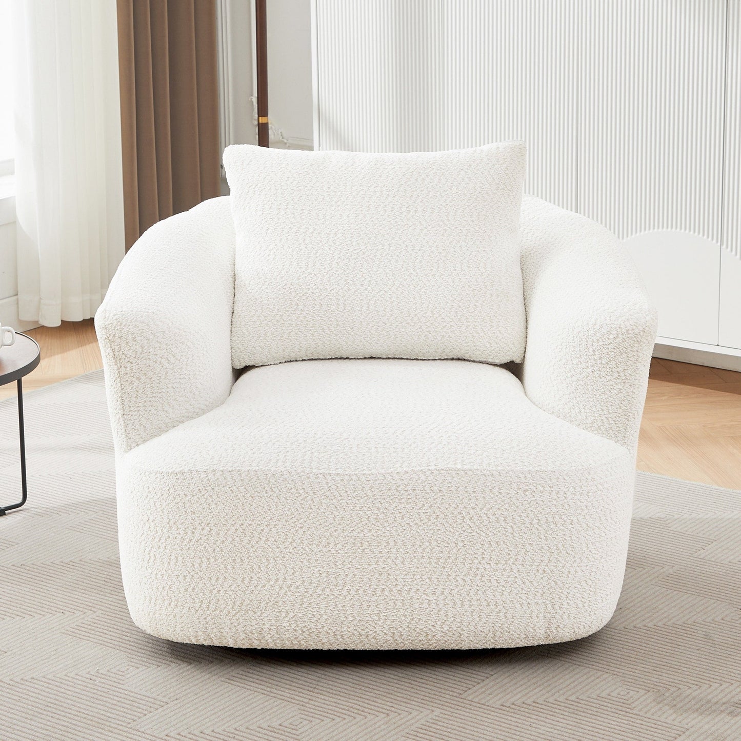 Chaise pivotante à 360°, chaise d'appoint en boucle de 38,2 pouces avec coussin décoratif, fauteuil canapé en forme de baril avec accoudoirs incurvés.