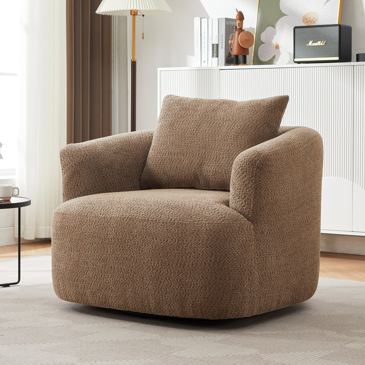 Chaise pivotante à 360°, chaise d'appoint en boucle de 38,2 pouces avec coussin décoratif, fauteuil canapé en forme de baril avec accoudoirs incurvés.