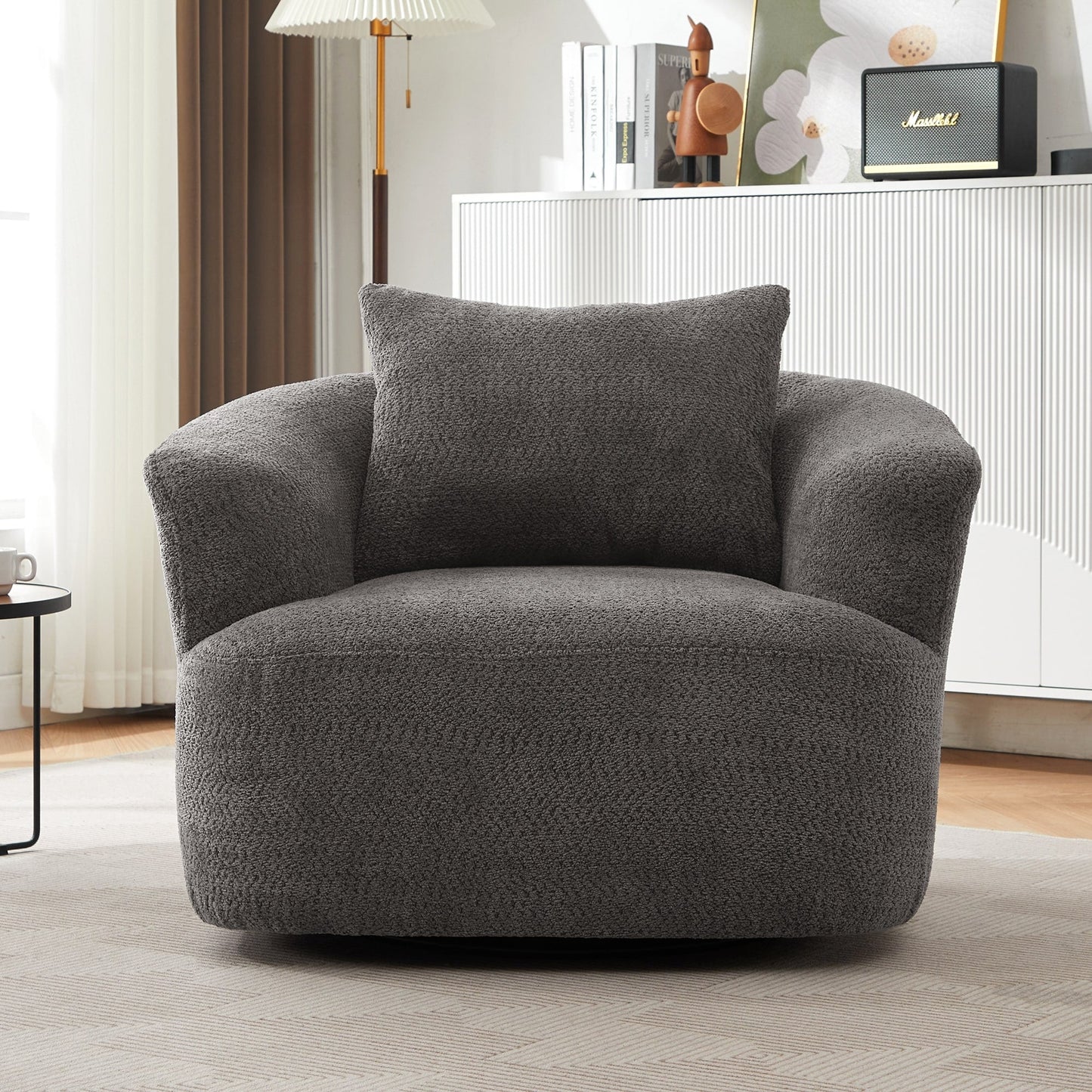 Chaise pivotante à 360°, chaise d'appoint en boucle de 38,2 pouces avec coussin décoratif, fauteuil canapé en forme de baril avec accoudoirs incurvés.