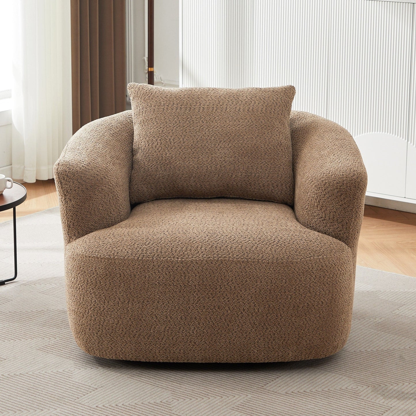 Chaise pivotante à 360°, chaise d'appoint en boucle de 38,2 pouces avec coussin décoratif, fauteuil canapé en forme de baril avec accoudoirs incurvés.