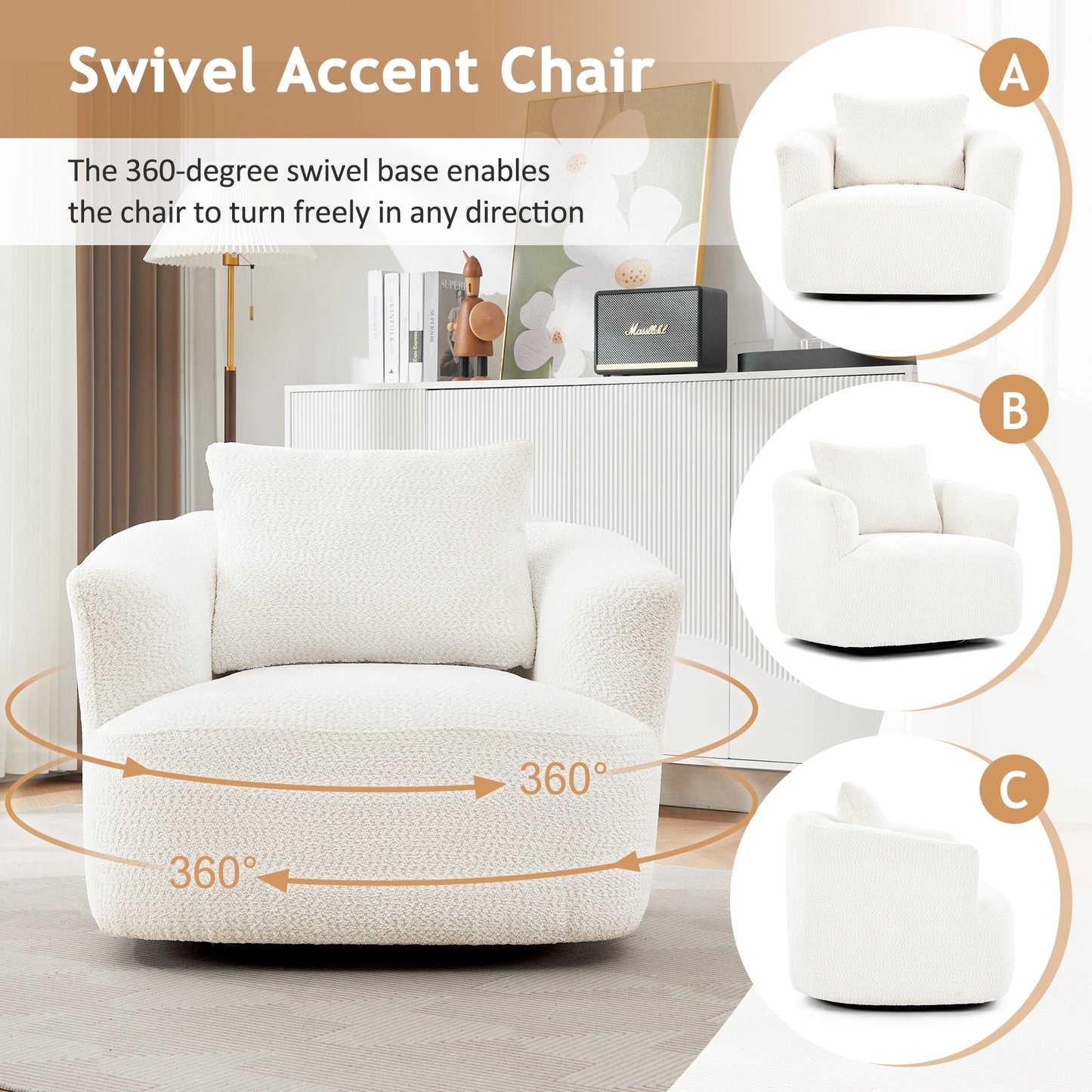 Chaise pivotante à 360°, chaise d'appoint en boucle de 38,2 pouces avec coussin décoratif, fauteuil canapé en forme de baril avec accoudoirs incurvés.
