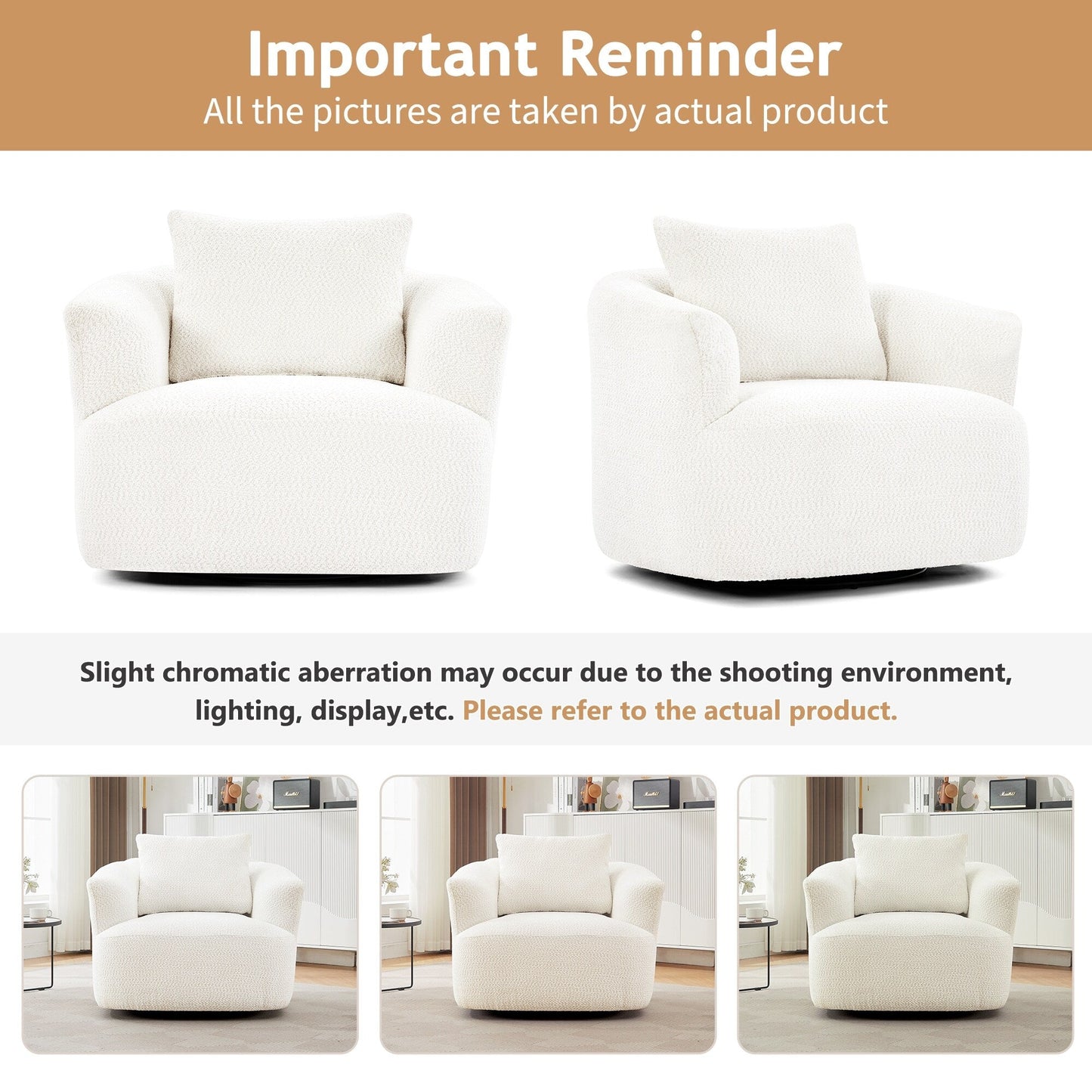 Chaise pivotante à 360°, chaise d'appoint en boucle de 38,2 pouces avec coussin décoratif, fauteuil canapé en forme de baril avec accoudoirs incurvés.