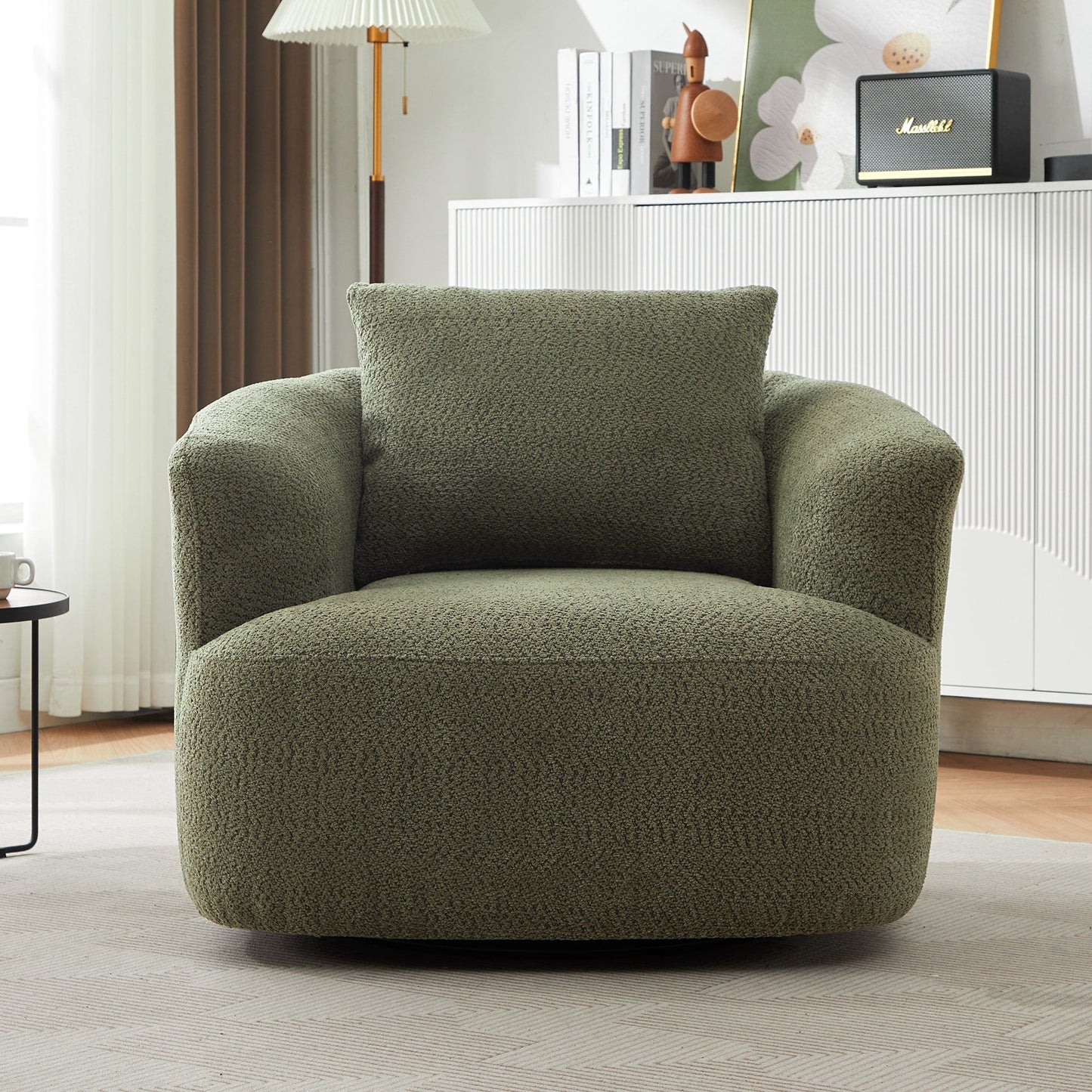 Chaise pivotante à 360°, chaise d'appoint en boucle de 38,2 pouces avec coussin décoratif, fauteuil canapé en forme de baril avec accoudoirs incurvés.