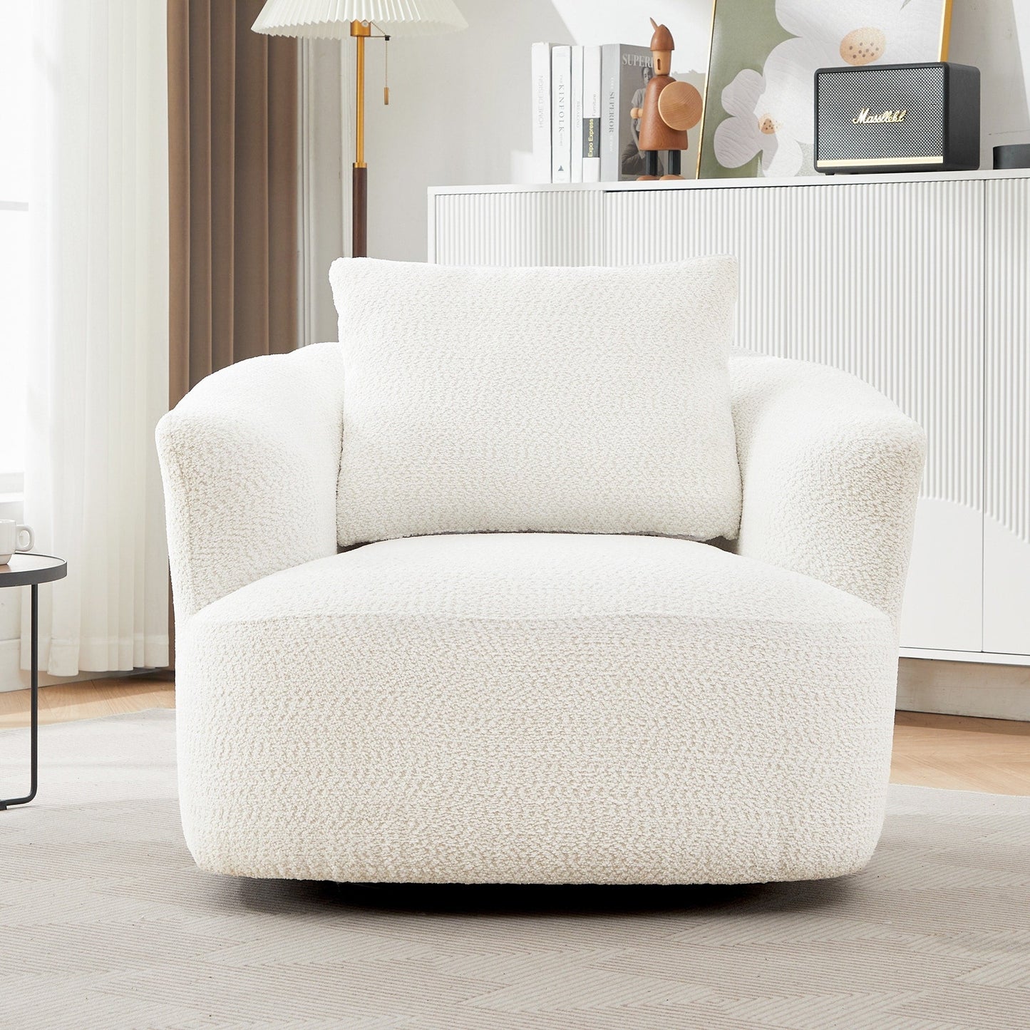 Chaise pivotante à 360°, chaise d'appoint en boucle de 38,2 pouces avec coussin décoratif, fauteuil canapé en forme de baril avec accoudoirs incurvés.