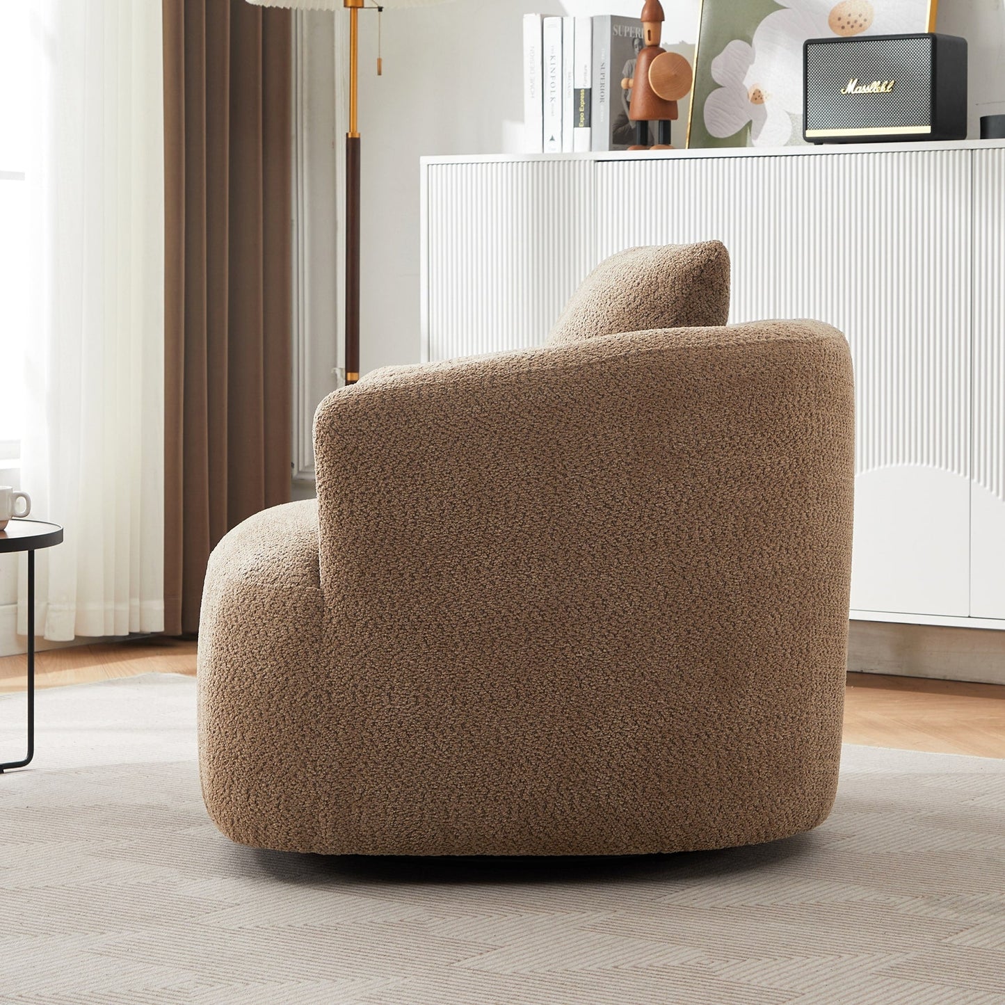 Chaise pivotante à 360°, chaise d'appoint en boucle de 38,2 pouces avec coussin décoratif, fauteuil canapé en forme de baril avec accoudoirs incurvés.