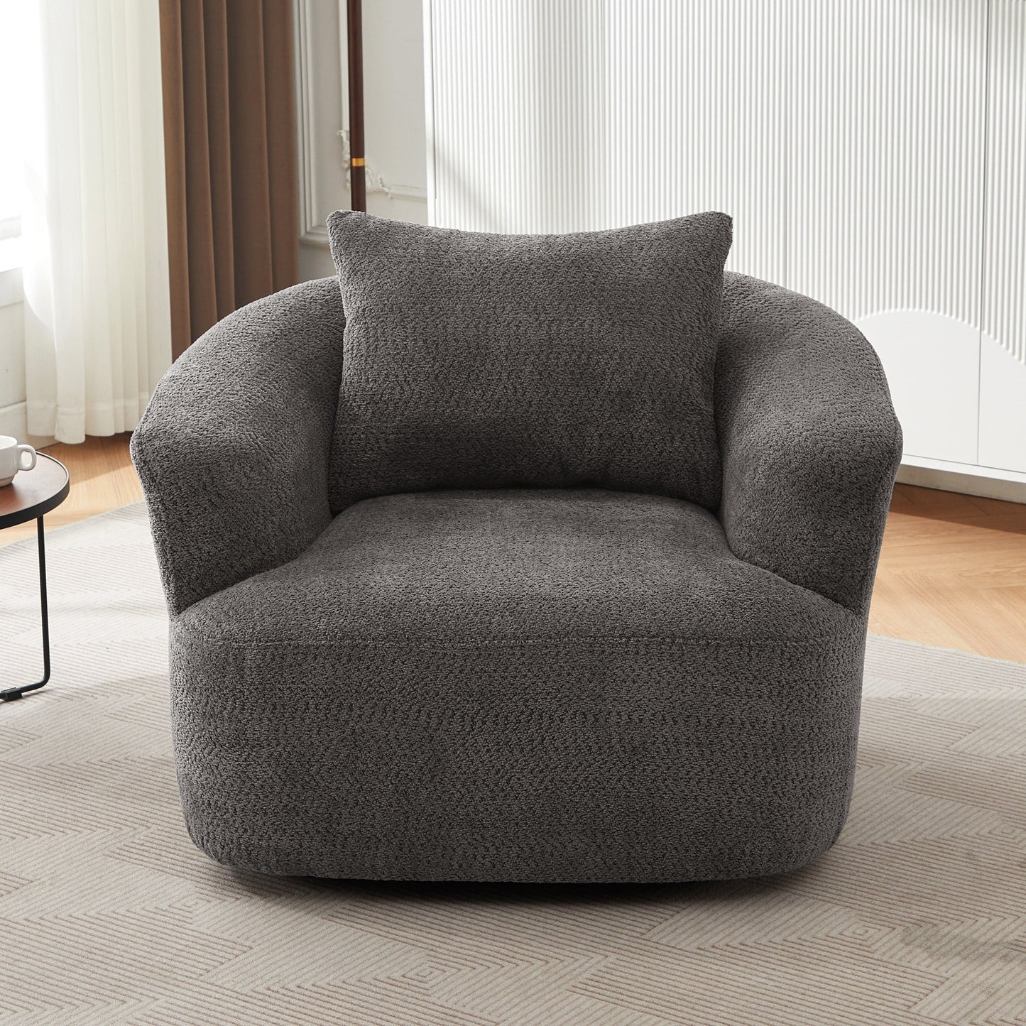 Chaise pivotante à 360°, chaise d'appoint en boucle de 38,2 pouces avec coussin décoratif, fauteuil canapé en forme de baril avec accoudoirs incurvés.