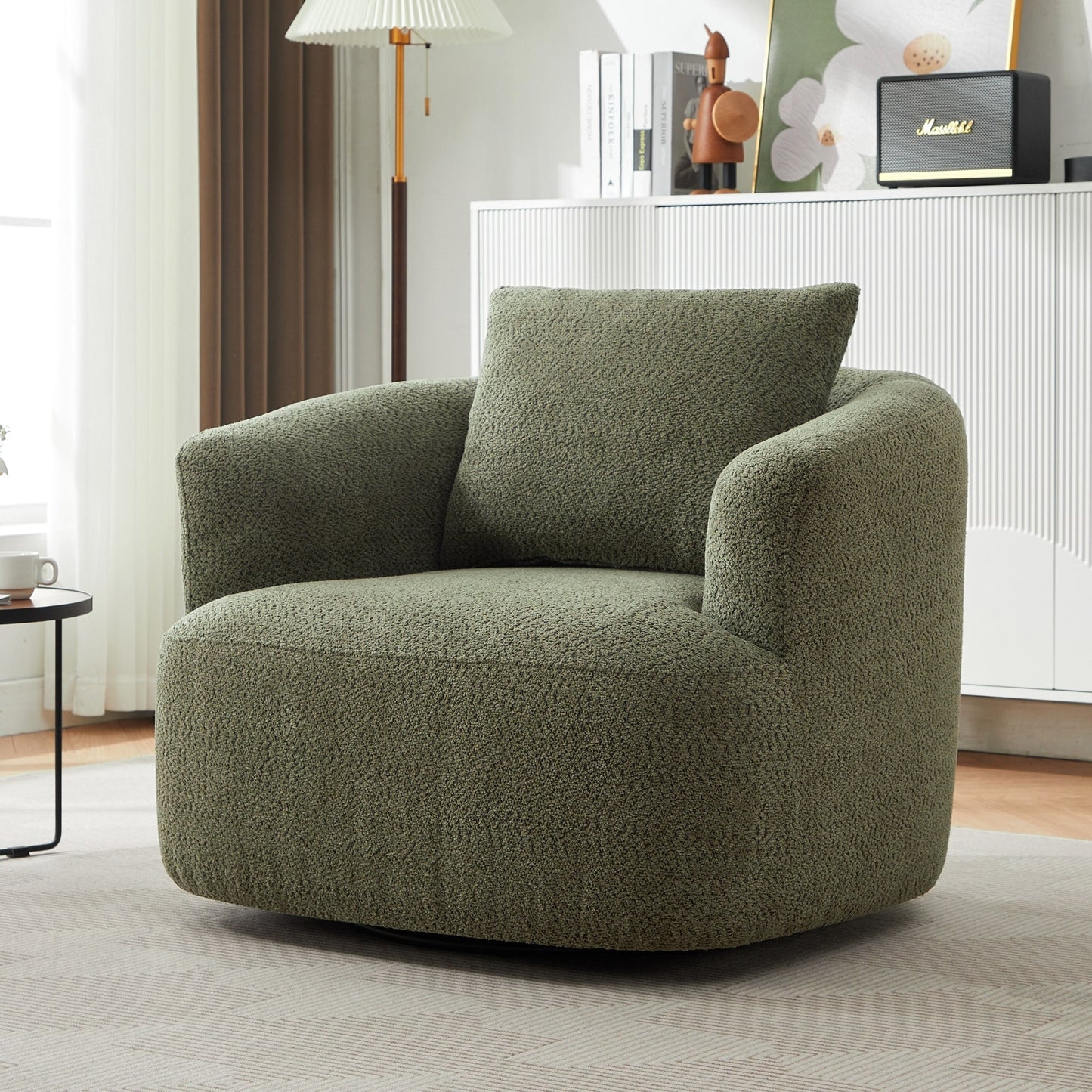 Chaise pivotante à 360°, chaise d'appoint en boucle de 38,2 pouces avec coussin décoratif, fauteuil canapé en forme de baril avec accoudoirs incurvés.