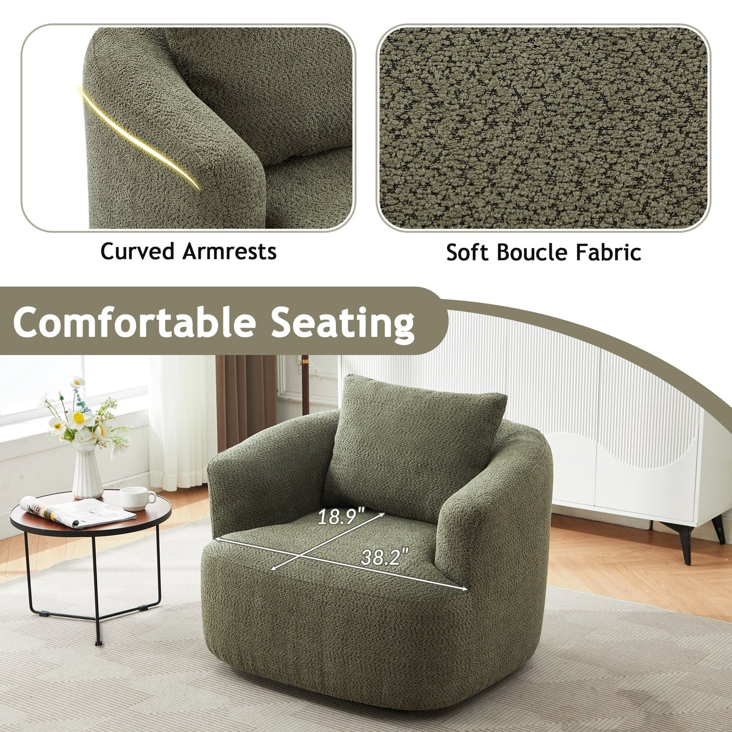 Chaise pivotante à 360°, chaise d'appoint en boucle de 38,2 pouces avec coussin décoratif, fauteuil canapé en forme de baril avec accoudoirs incurvés.