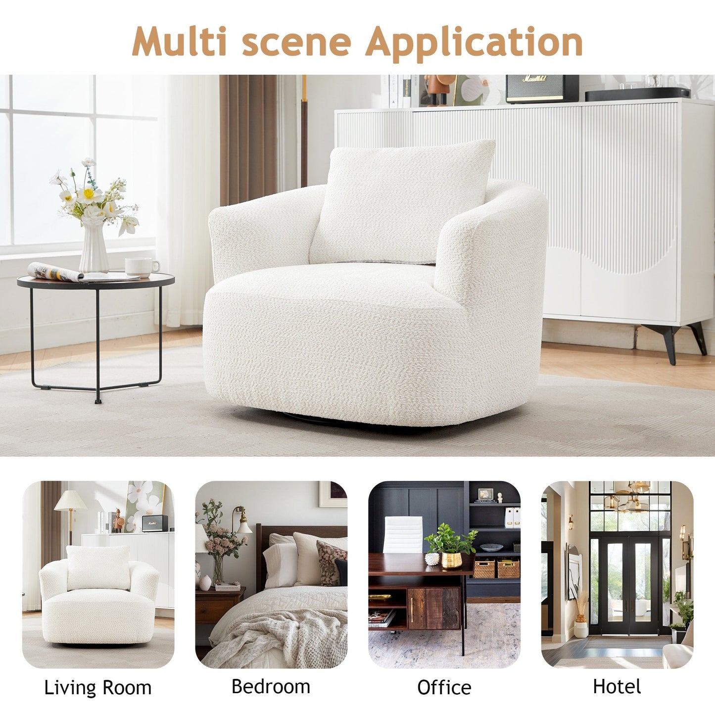 Chaise pivotante à 360°, chaise d'appoint en boucle de 38,2 pouces avec coussin décoratif, fauteuil canapé en forme de baril avec accoudoirs incurvés.