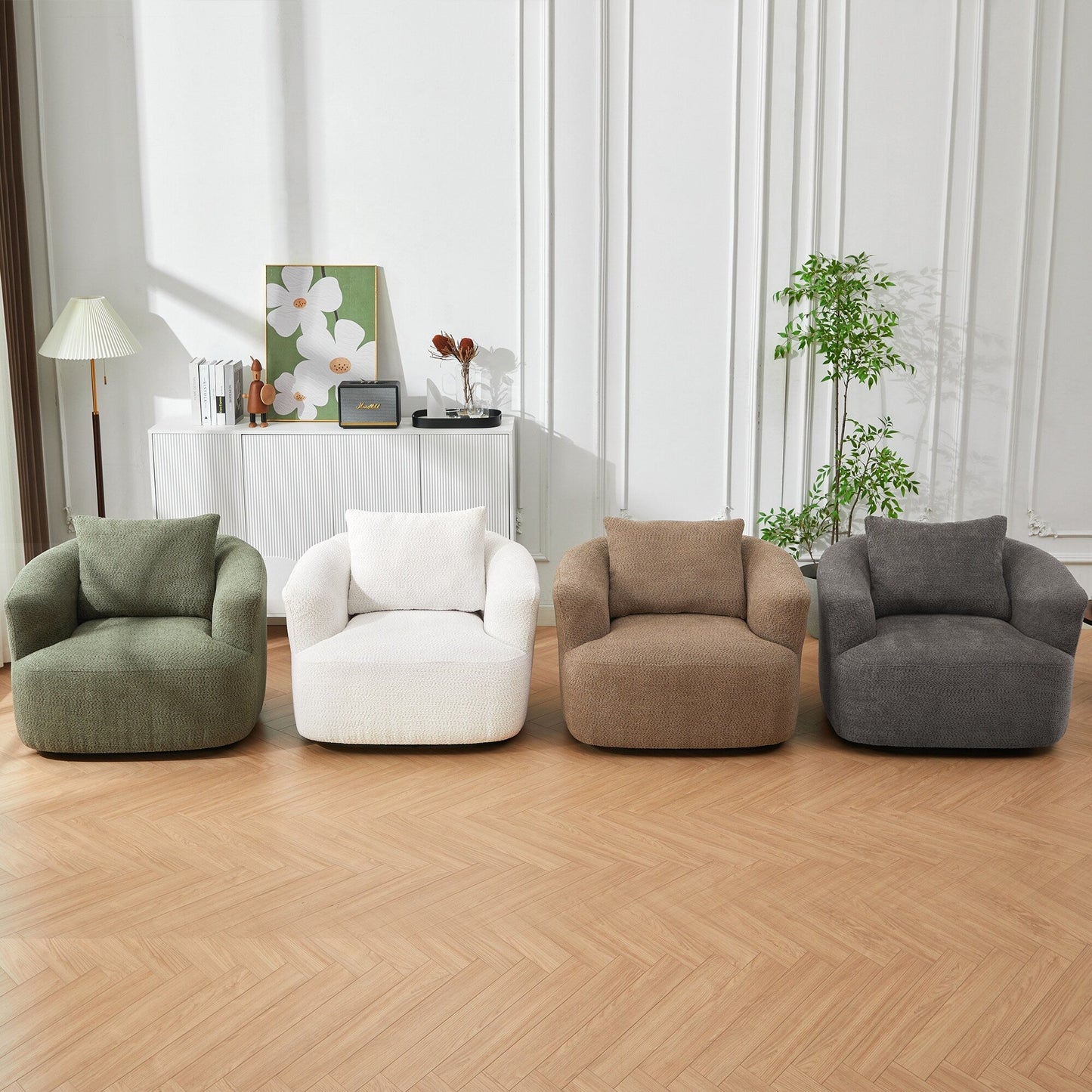 Chaise pivotante à 360°, chaise d'appoint en boucle de 38,2 pouces avec coussin décoratif, fauteuil canapé en forme de baril avec accoudoirs incurvés.