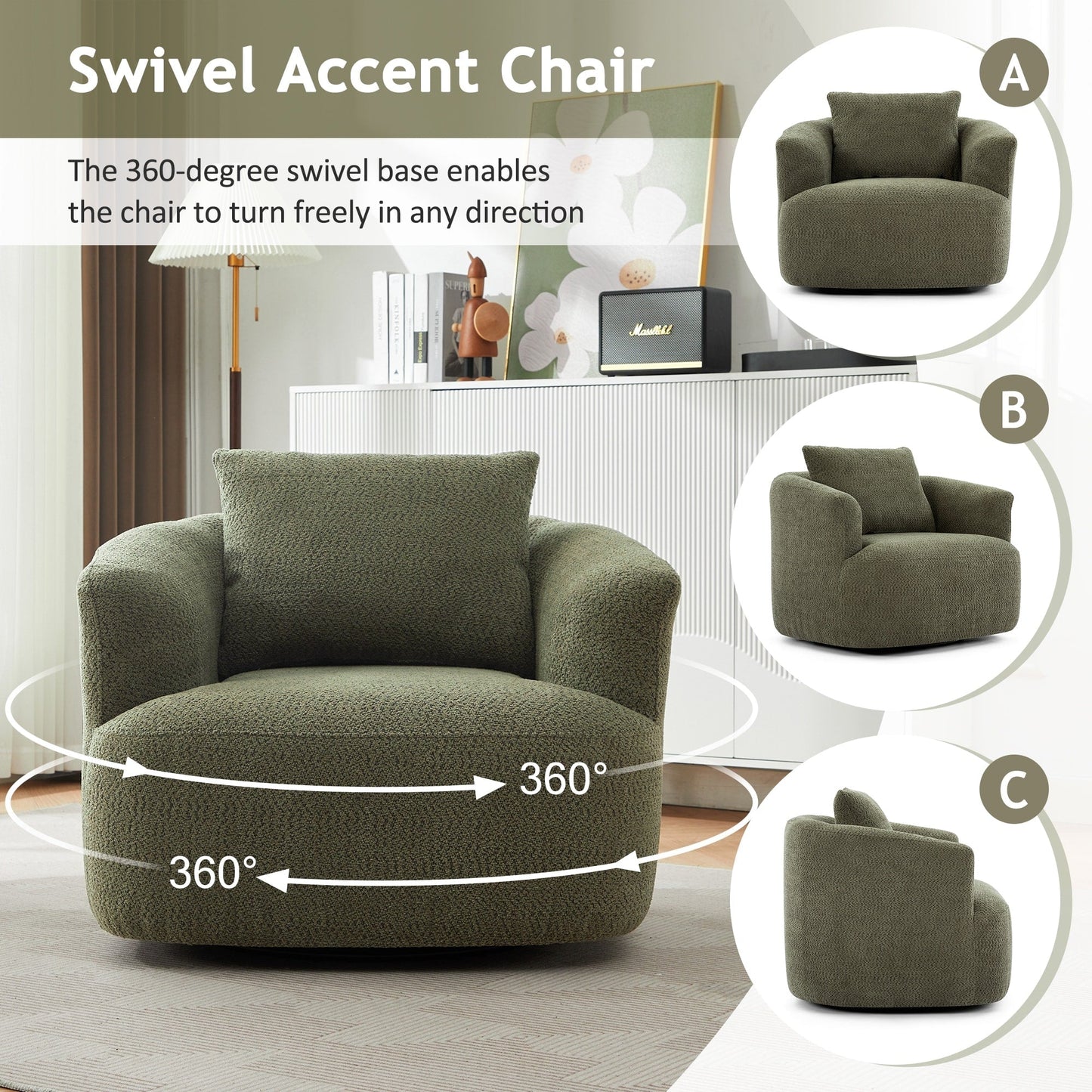 Chaise pivotante à 360°, chaise d'appoint en boucle de 38,2 pouces avec coussin décoratif, fauteuil canapé en forme de baril avec accoudoirs incurvés.